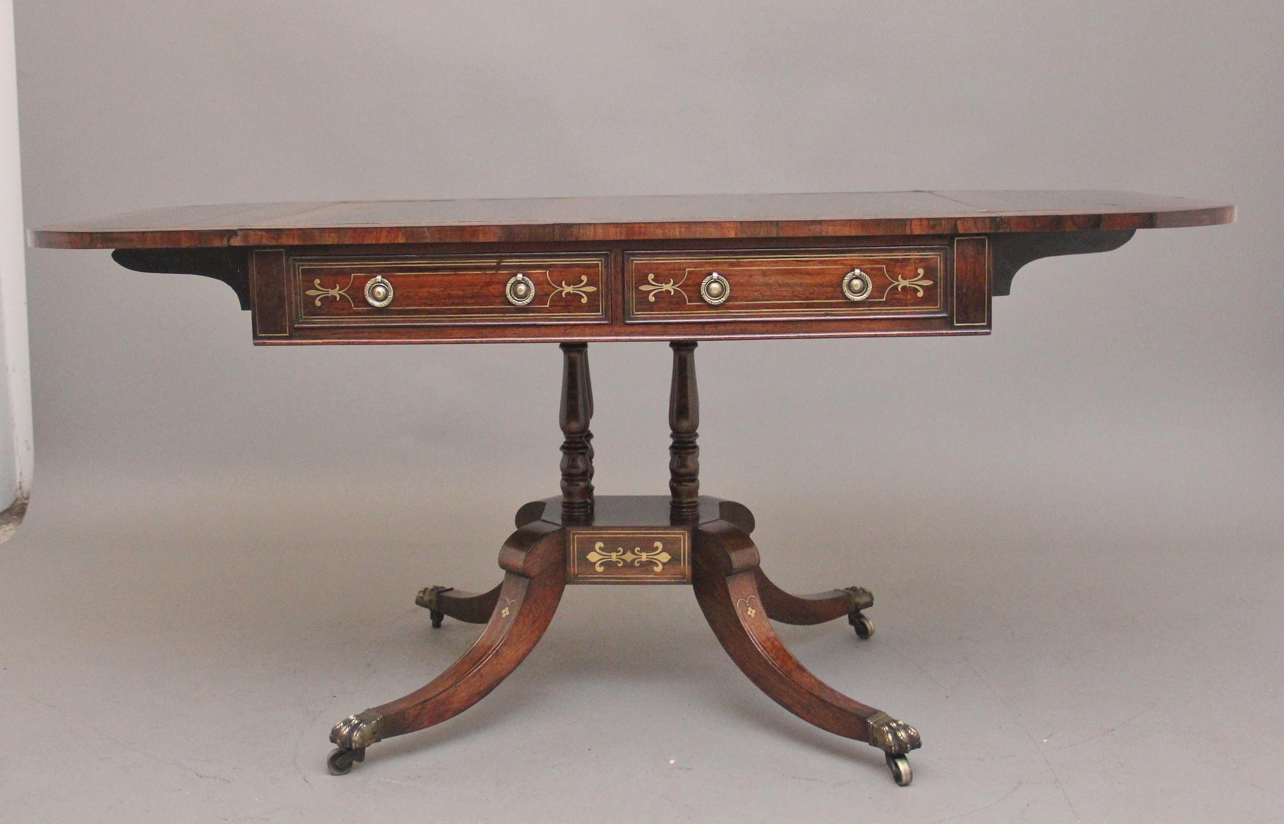 Regency rosewood and brass inlaid sofa table In Good Condition For Sale In Martlesham, GB