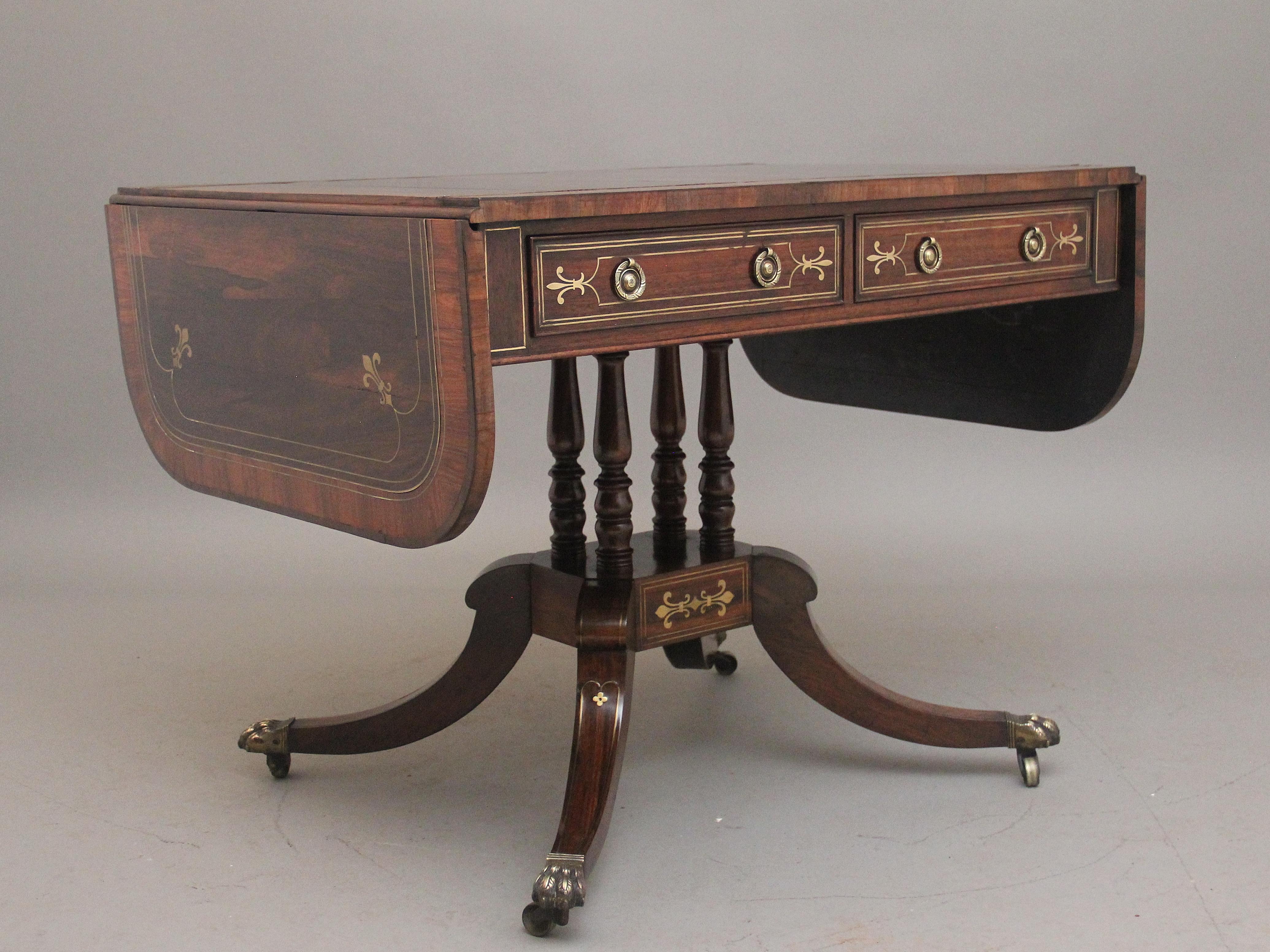 Regency rosewood and brass inlaid sofa table For Sale 1