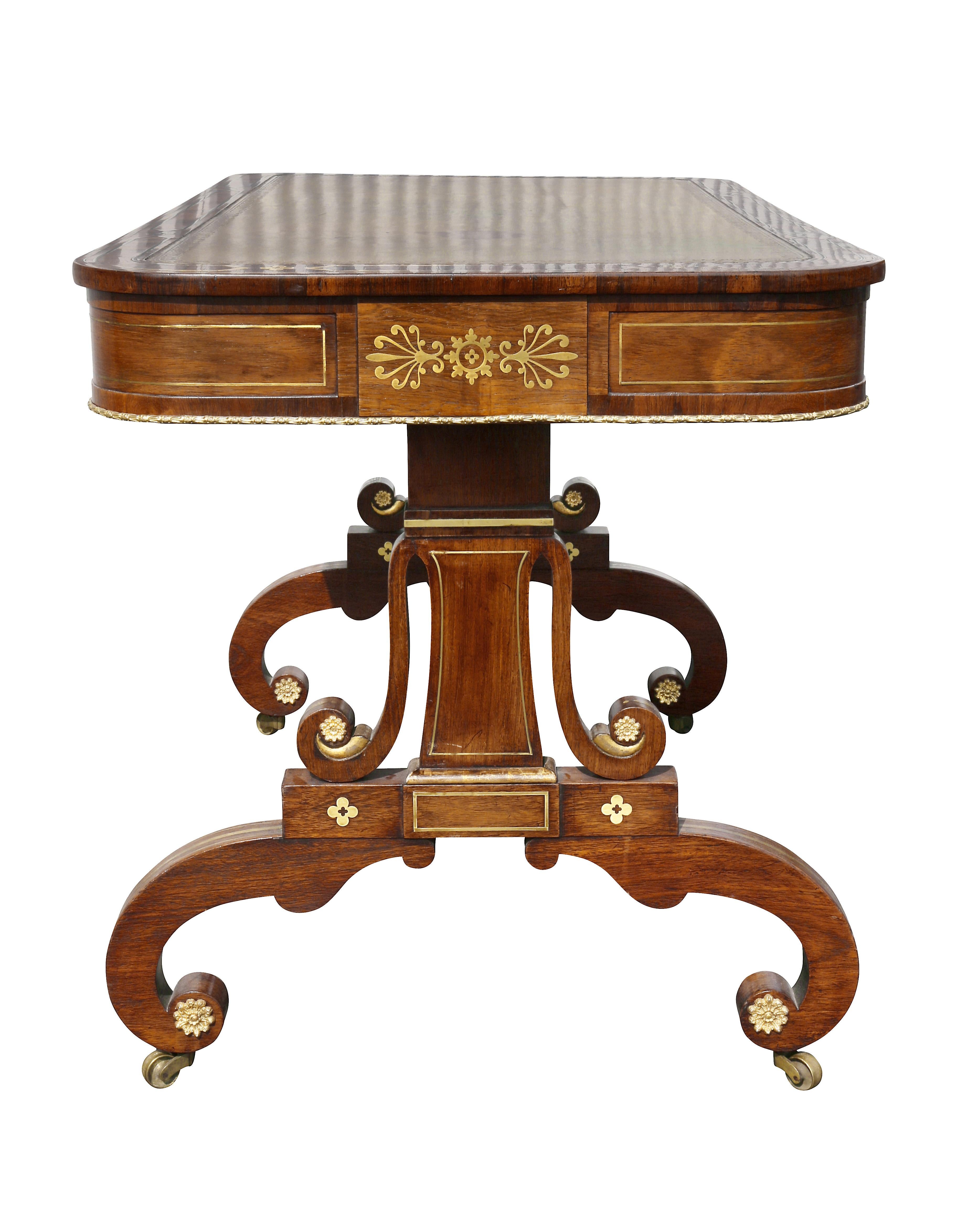 Regency Rosewood and Brass Inlaid Writing Table For Sale 7