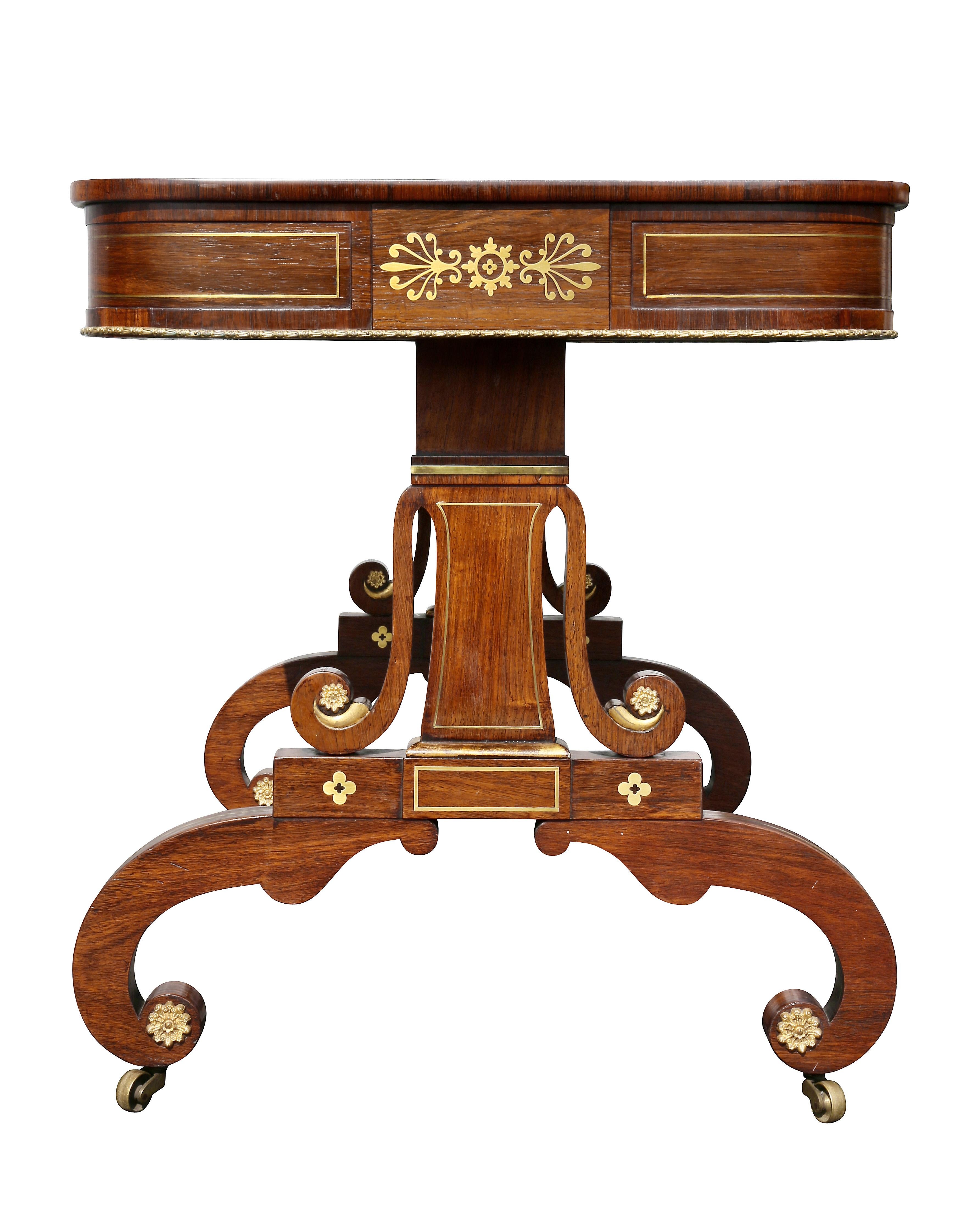 Regency Rosewood and Brass Inlaid Writing Table For Sale 9