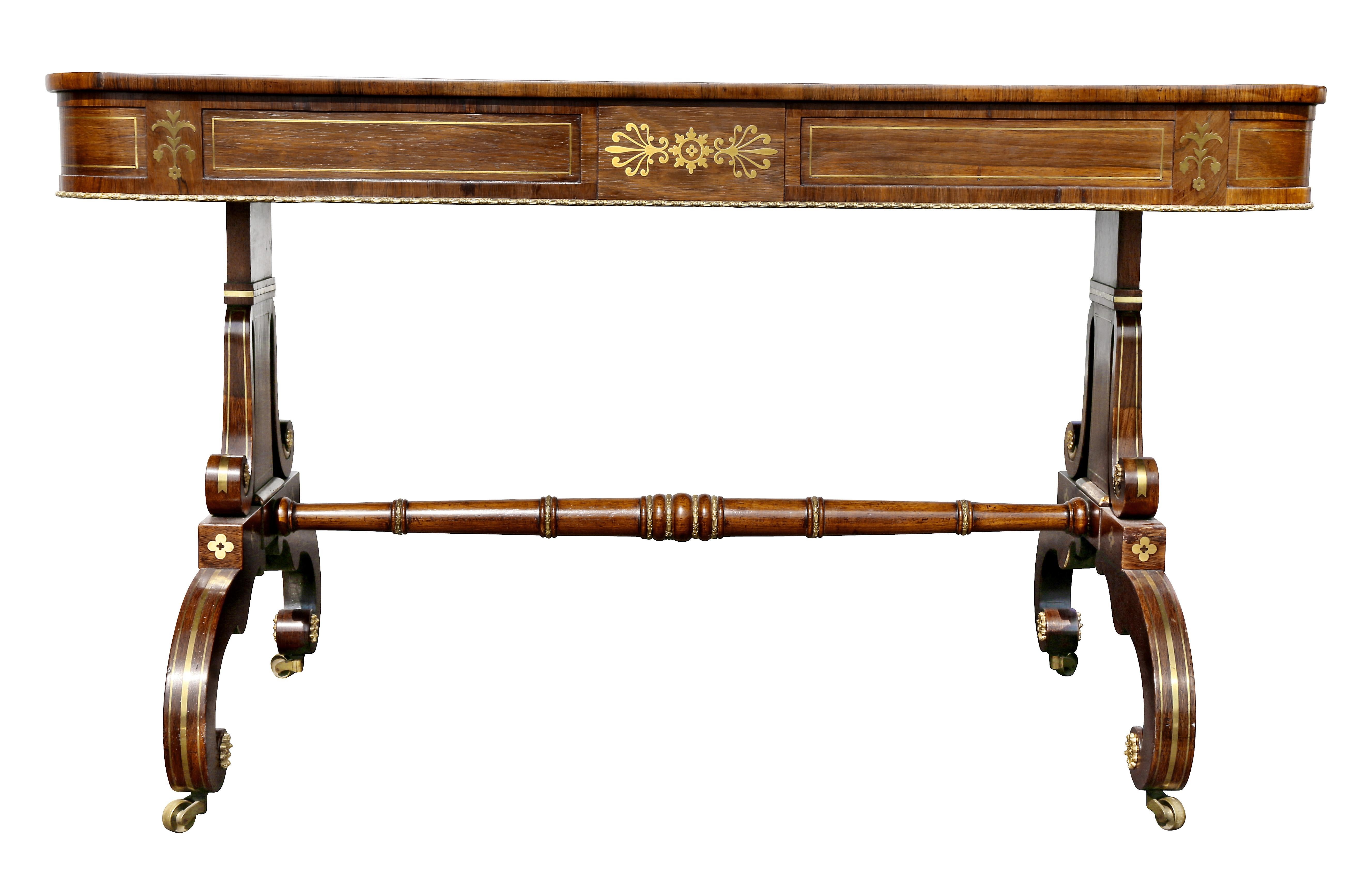 Regency Rosewood and Brass Inlaid Writing Table For Sale 10