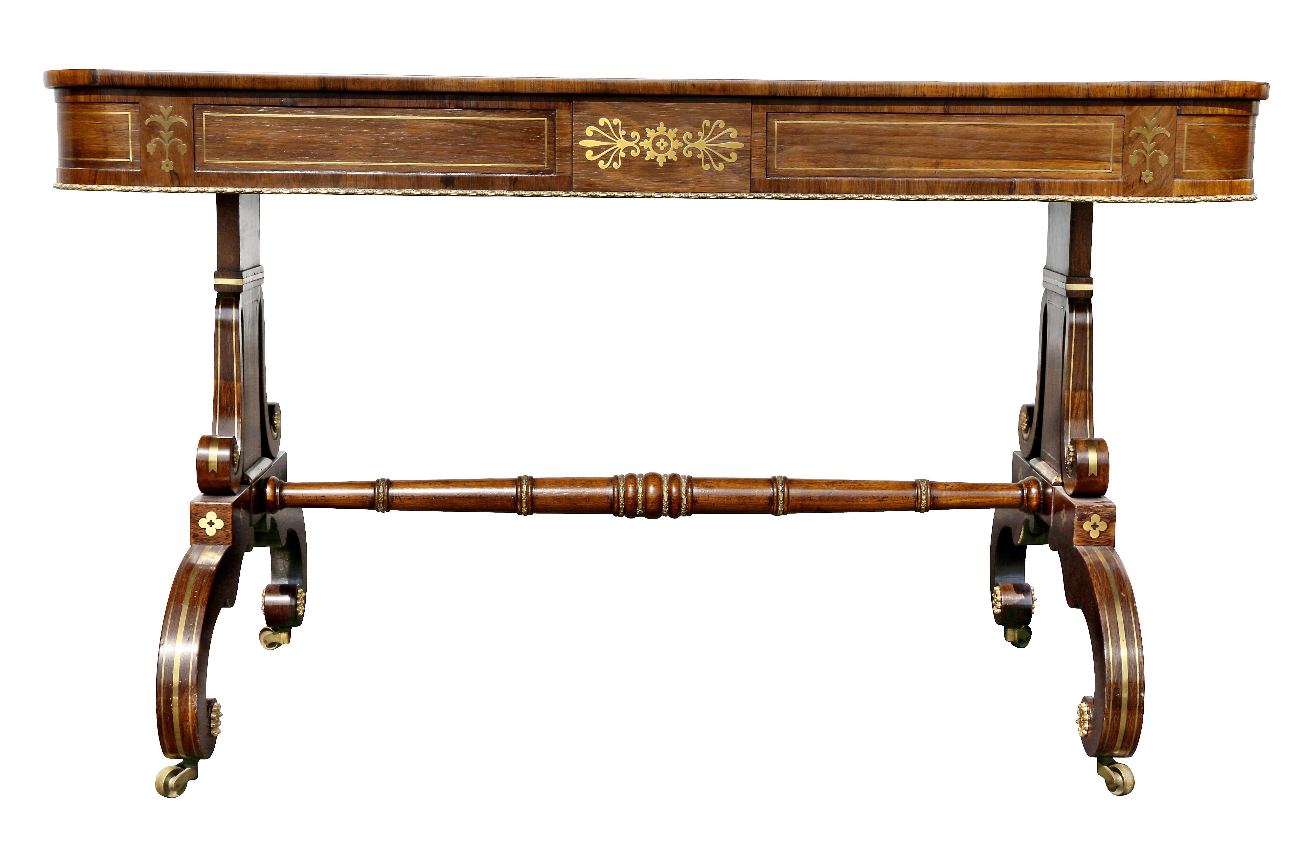 Schreibtisch aus Rosenholz und Messing mit Intarsien im Regency-Stil im Angebot 10