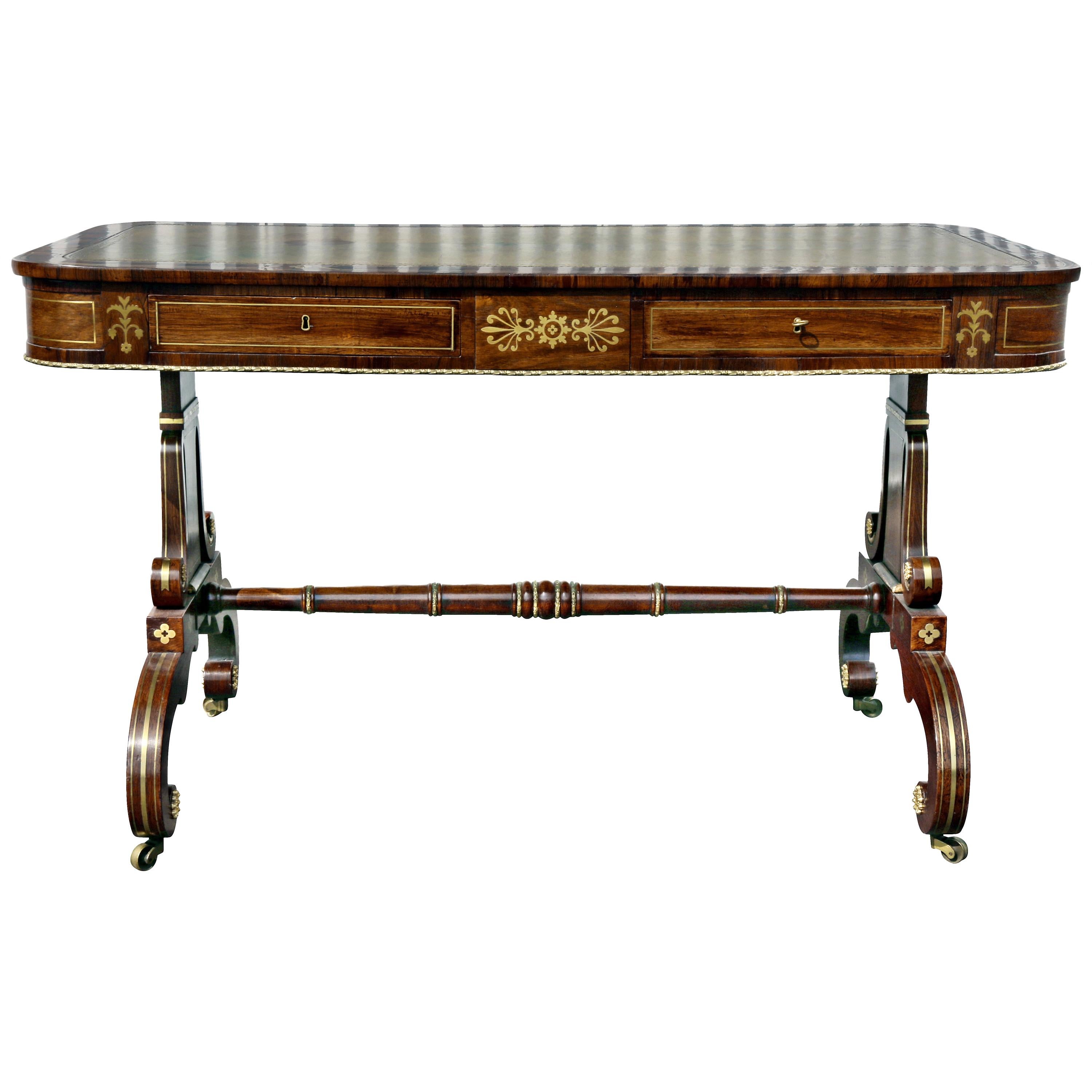 Regency Rosewood and Brass Inlaid Writing Table For Sale