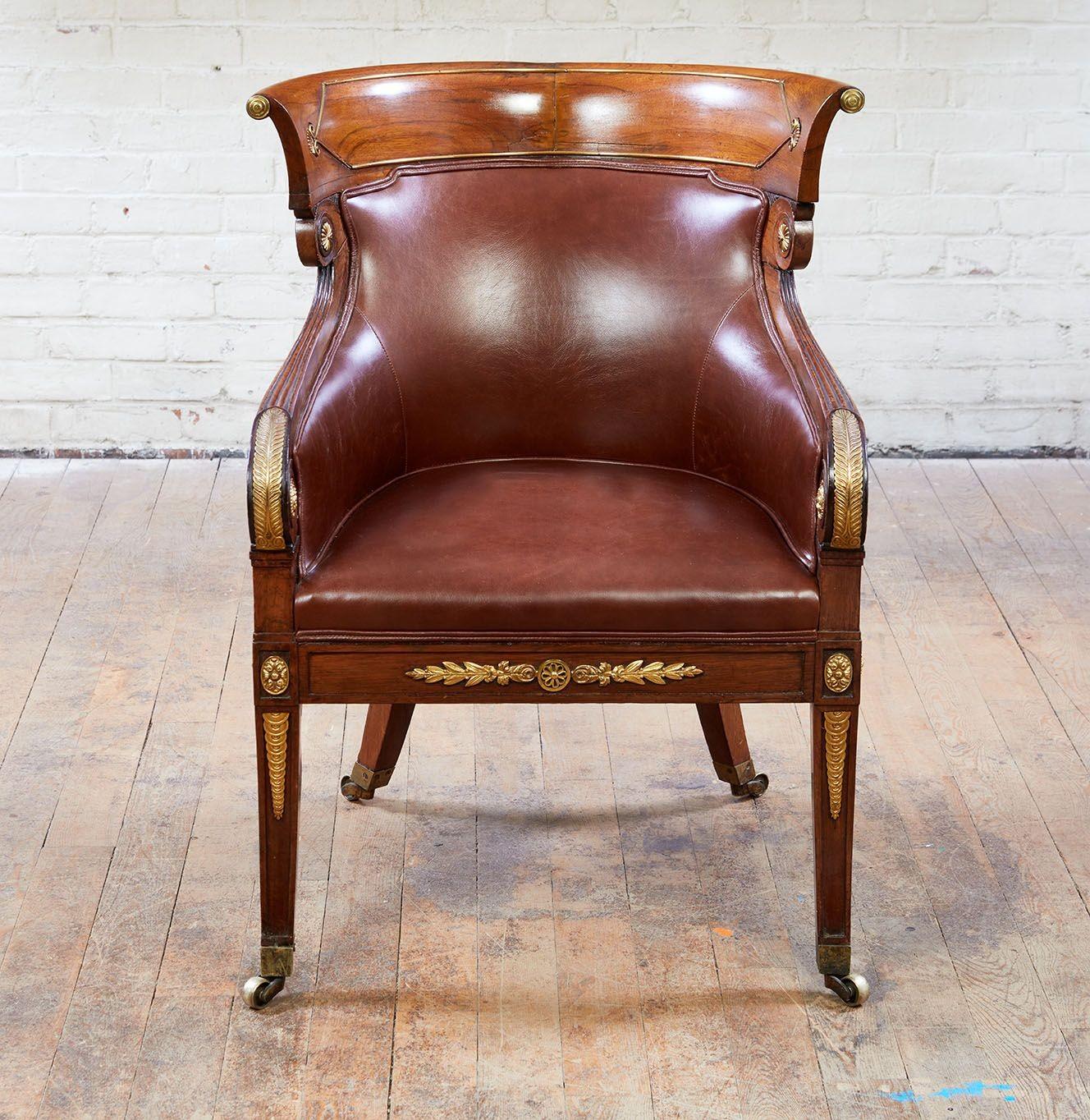 English Regency Rosewood and Brass Klismos Armchair For Sale