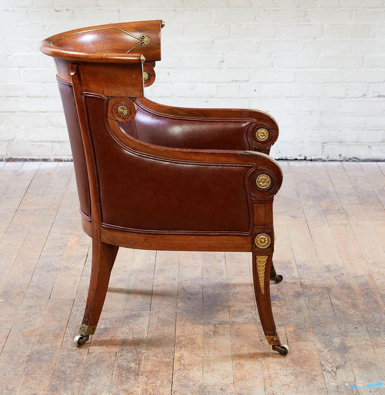 Woodwork Regency Rosewood and Brass Klismos Armchair For Sale