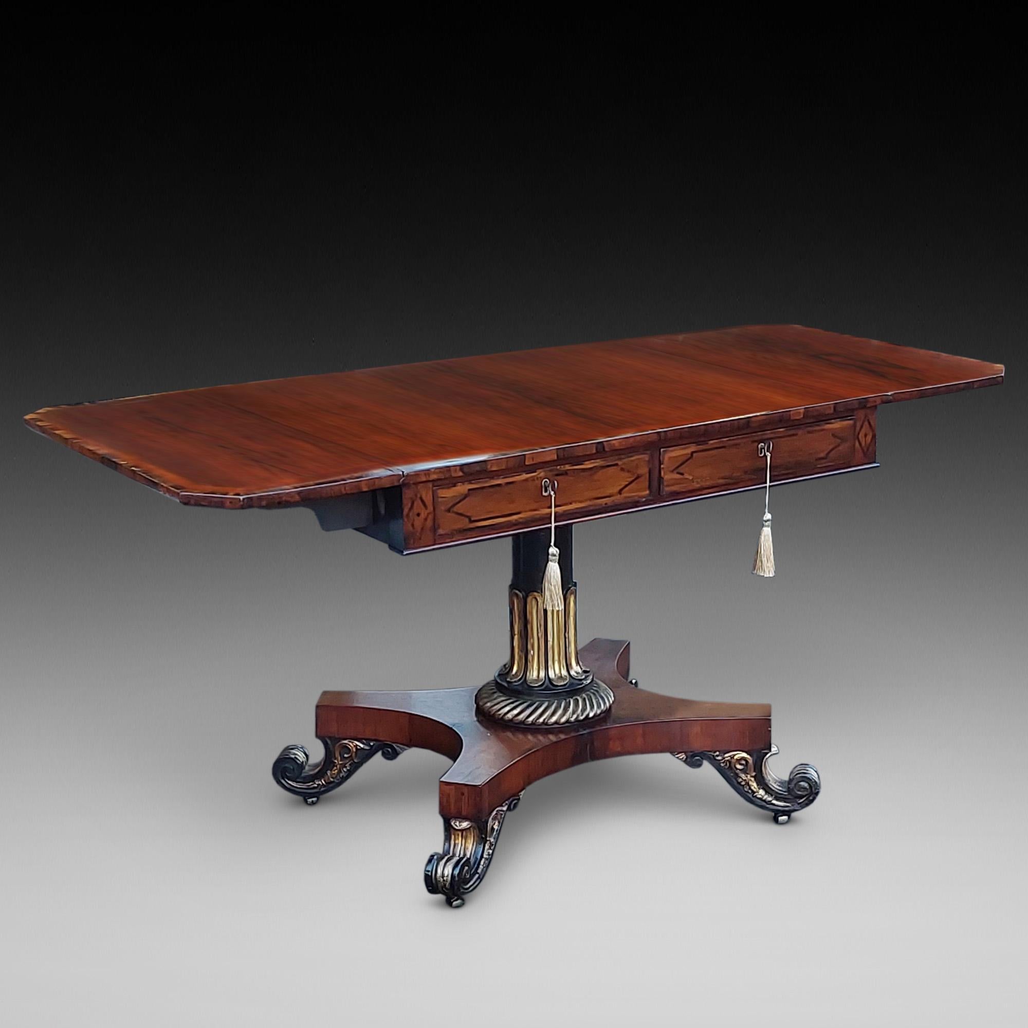 Mesa de Sofá de Palisandro de la Regencia con Tablero Cruzado de Coramandel y Amboyna, Columna de Balaustre Decorada con Acnthus Dorado sobre Base de Pedestal Apoyada en Pies de Volutas - 34 
