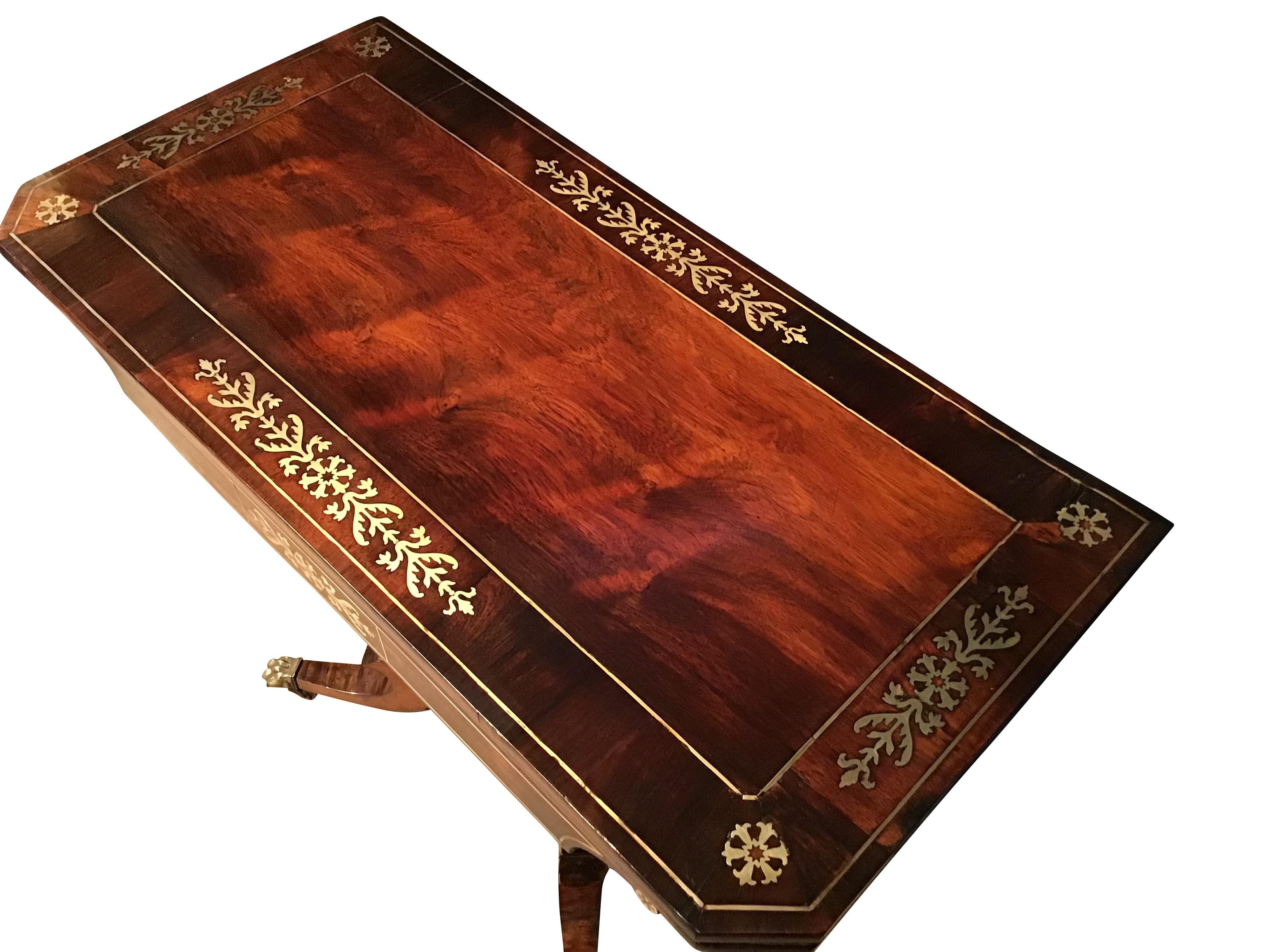 Regency Rosewood Brass Inlaid Card Table For Sale 1