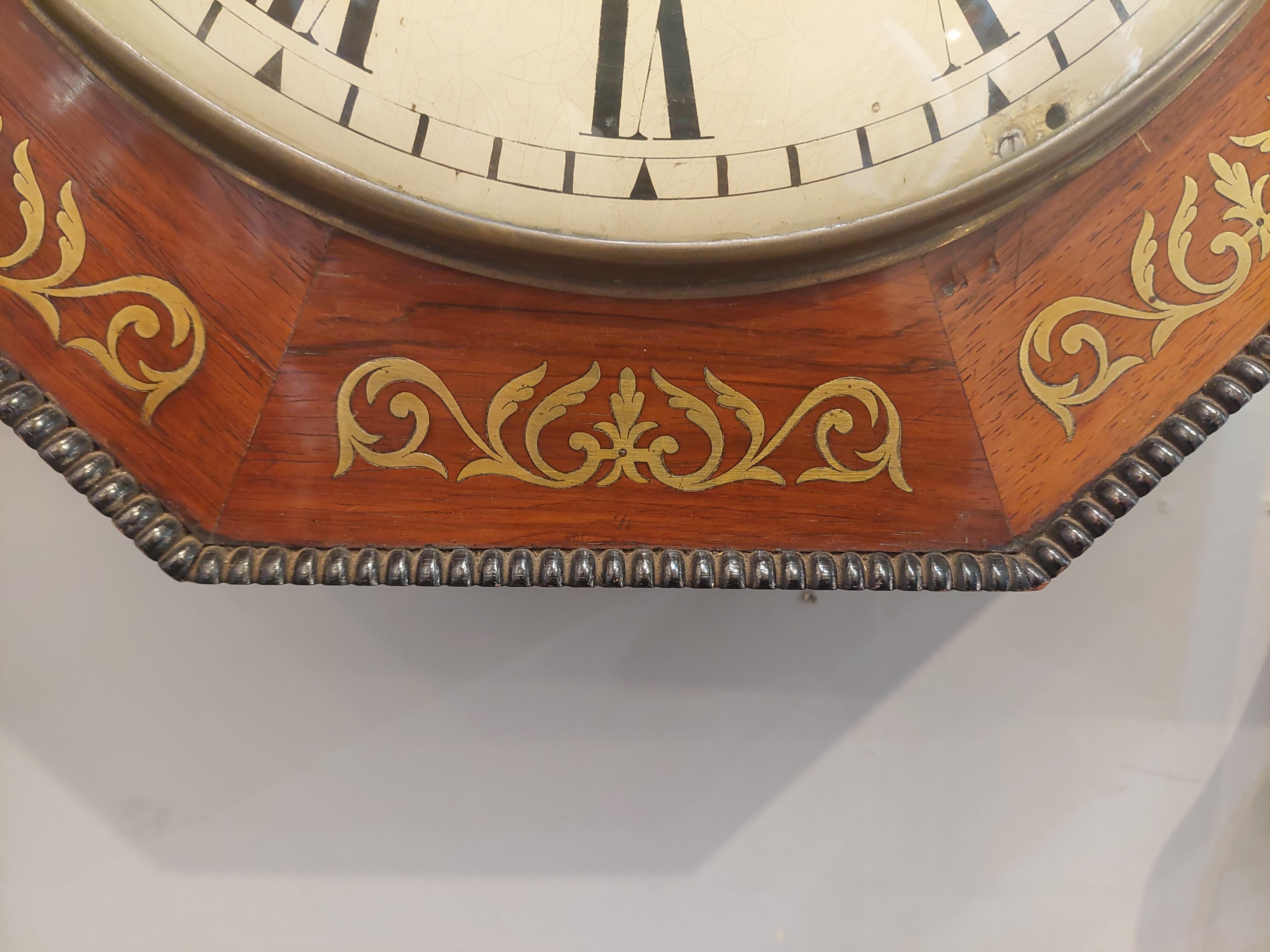 English Regency Rosewood Brass Inlaid Wall Clock For Sale