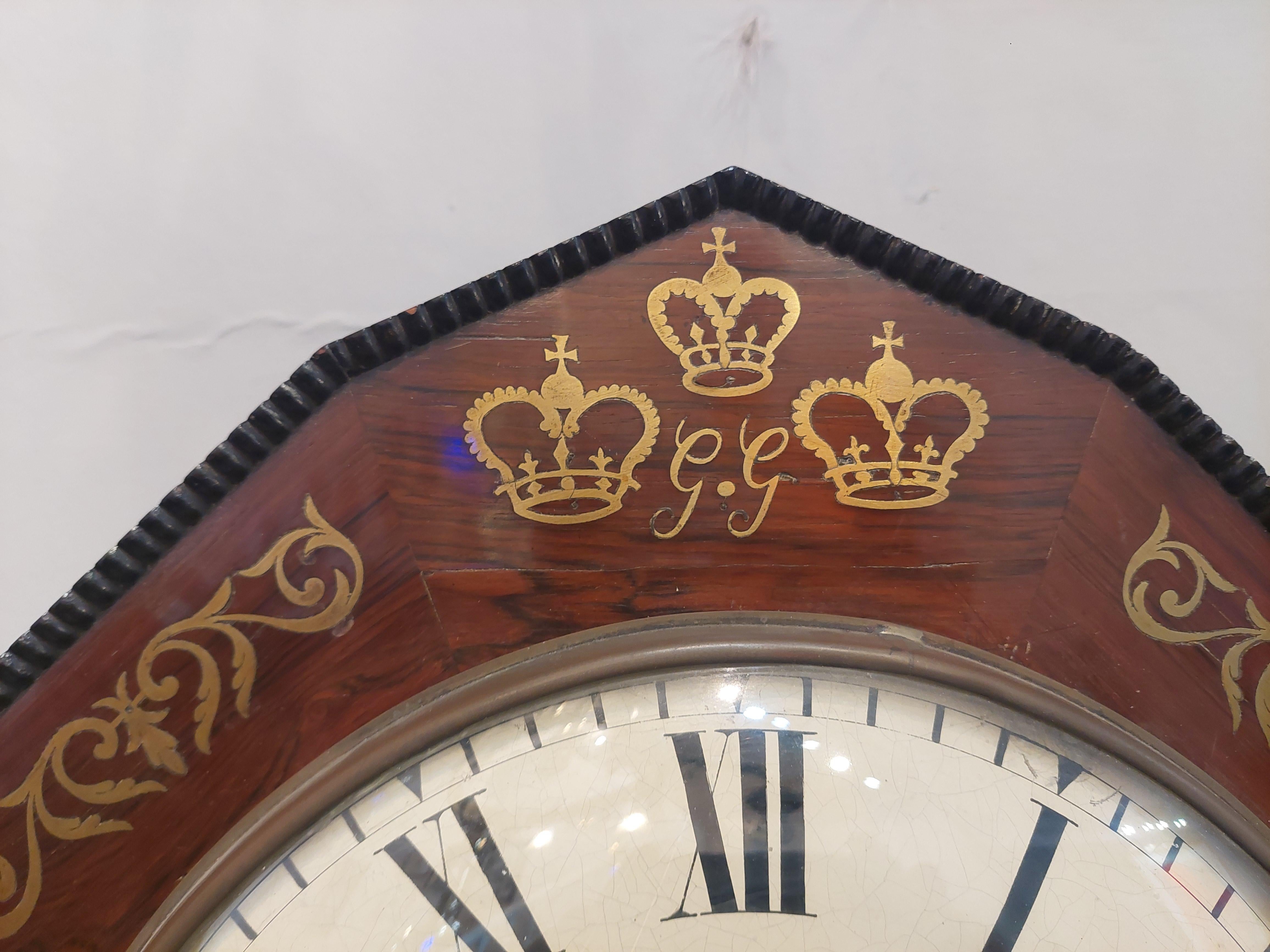 Regency Rosewood Brass Inlaid Wall Clock In Good Condition In Altrincham, GB