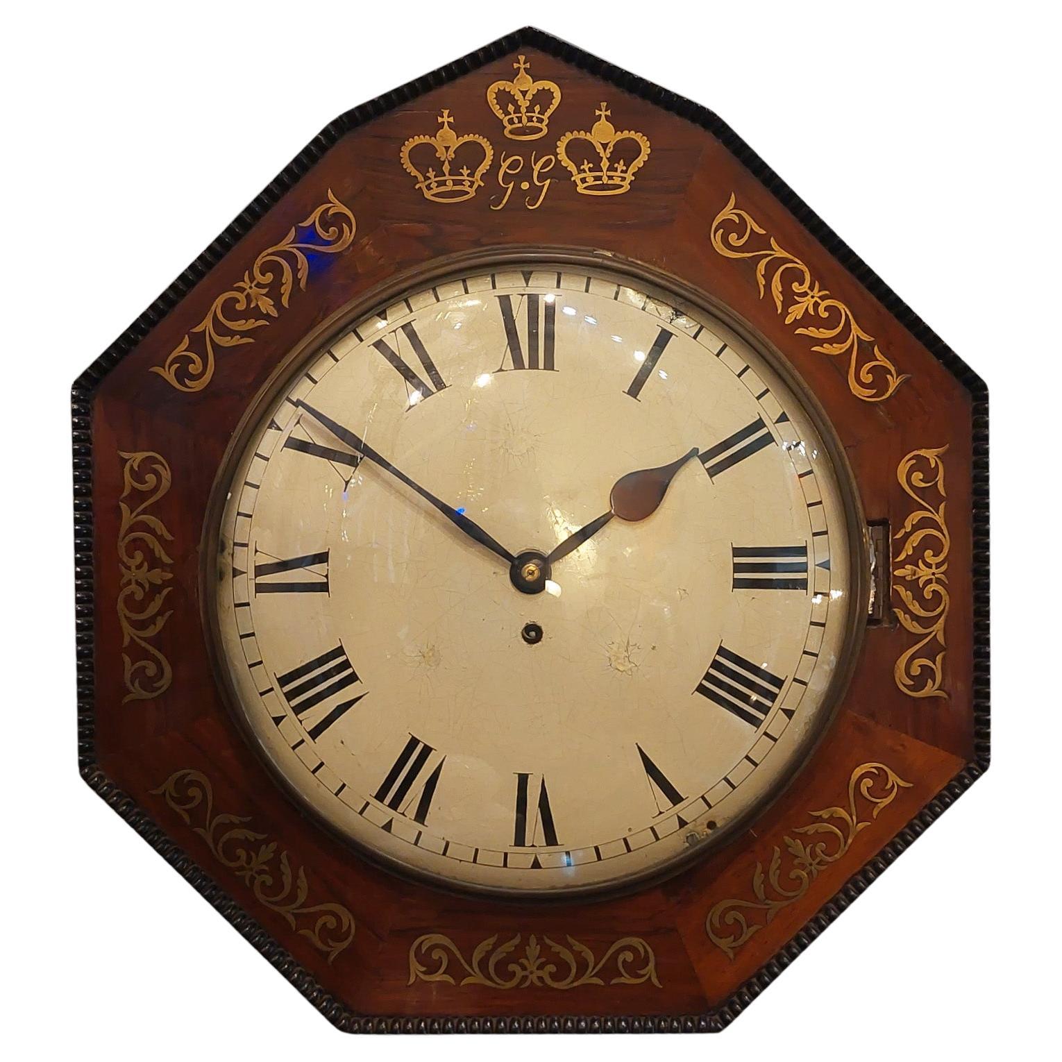 Regency Rosewood Brass Inlaid Wall Clock For Sale