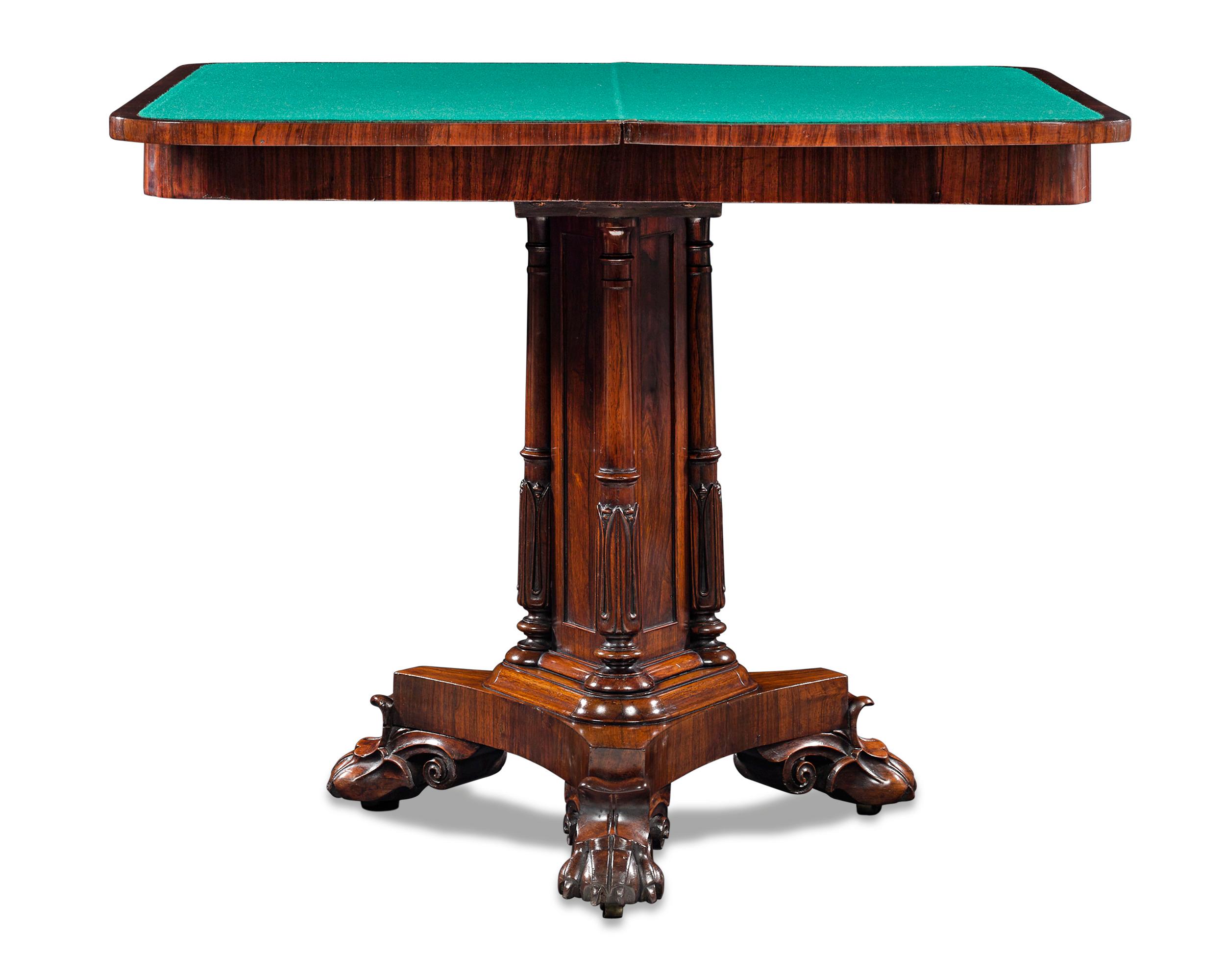 These exceptional late Regency card tables were designed with both elegance and function in mind. Crafted of rosewood, they serve as a well-appointed side table with a 