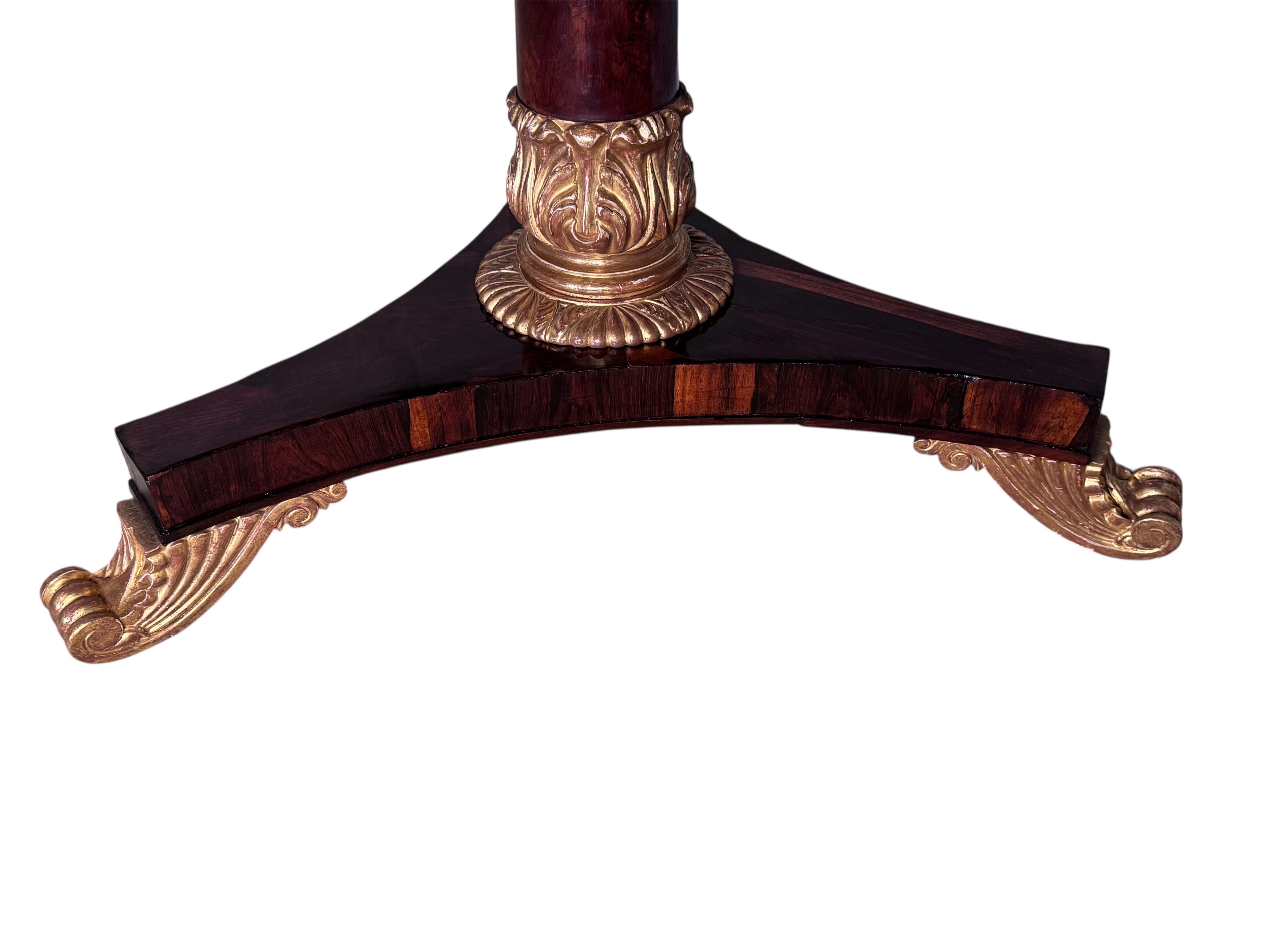Regency Rosewood Carved & gilded Tilt Top Table ,
Rosewood veneer, top and base with column form, pedestal, foliate carved, and water gilded collars and feet  