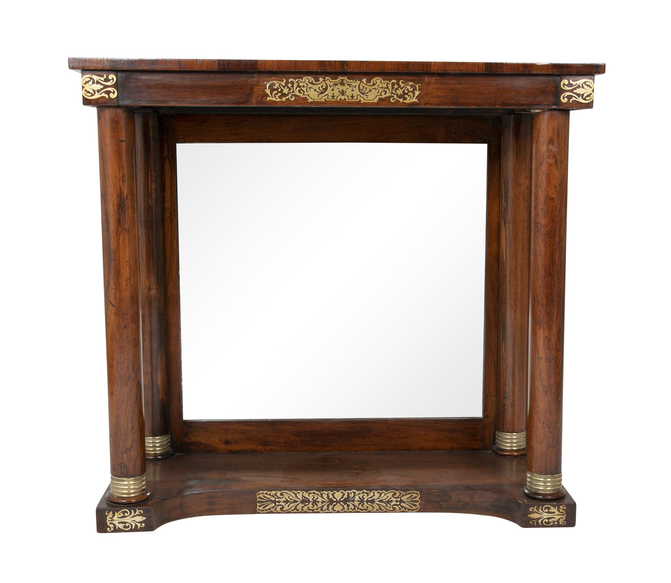 English Regency rosewood mirror back console table with bronze collars and brass inlay, circa 1815.