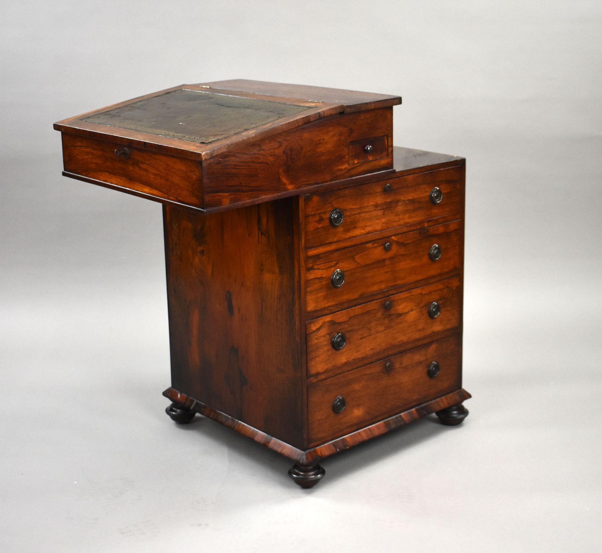 Regency Rosewood Davenport Desk
Item Code: 901
Circa 1825
An elegant Regency period rosewood Davenport desk of compact proportions and exceptional patina. The sloped writing surface is inset with a tooled leather panel and lifts to reveal interior