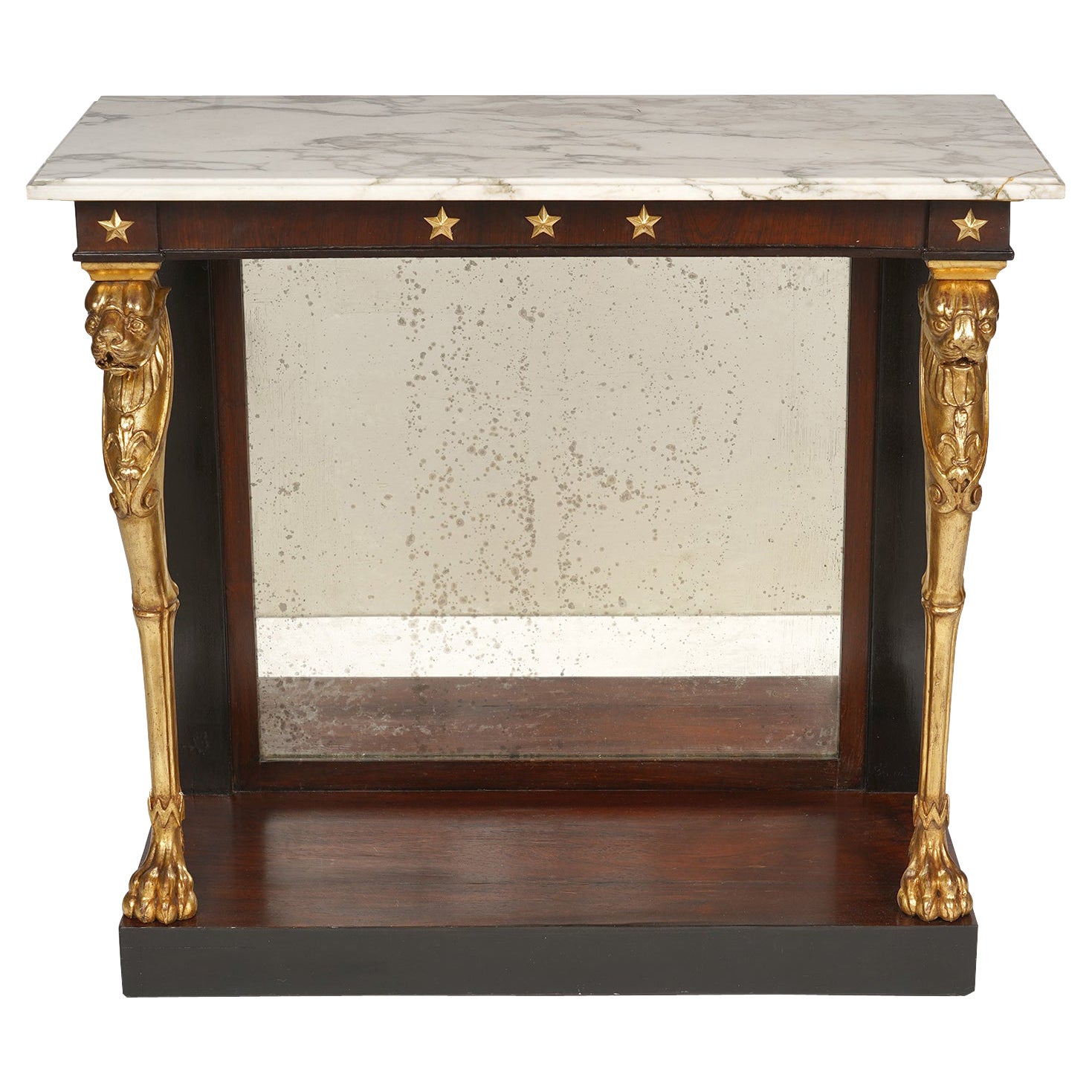 Regency Rosewood Egyptian Revival Marble Top Giltwood Lion Leg Console Table