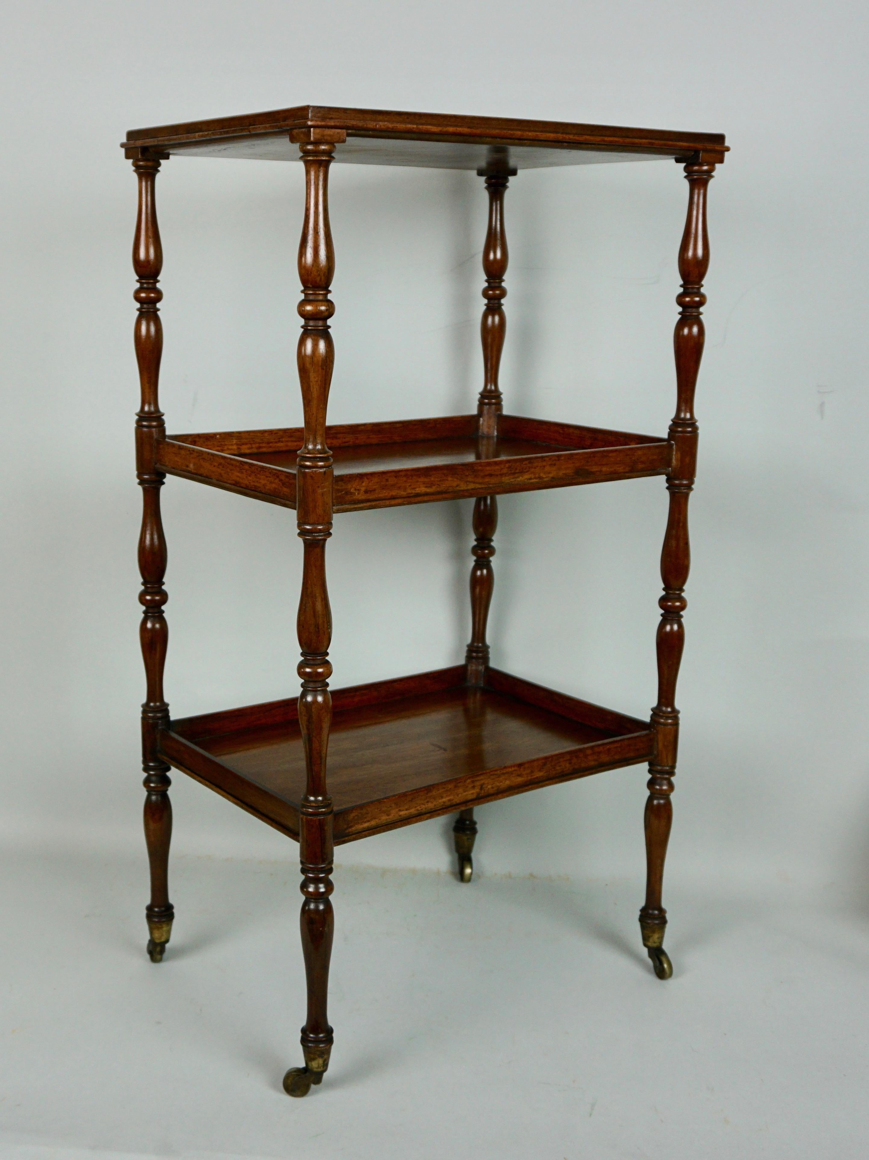 An elegant diminutive Regency period rosewood 3 shelf étagère or whatnot the shelves supported by turned standards resting on brass casters. Circa 1820. Restored.