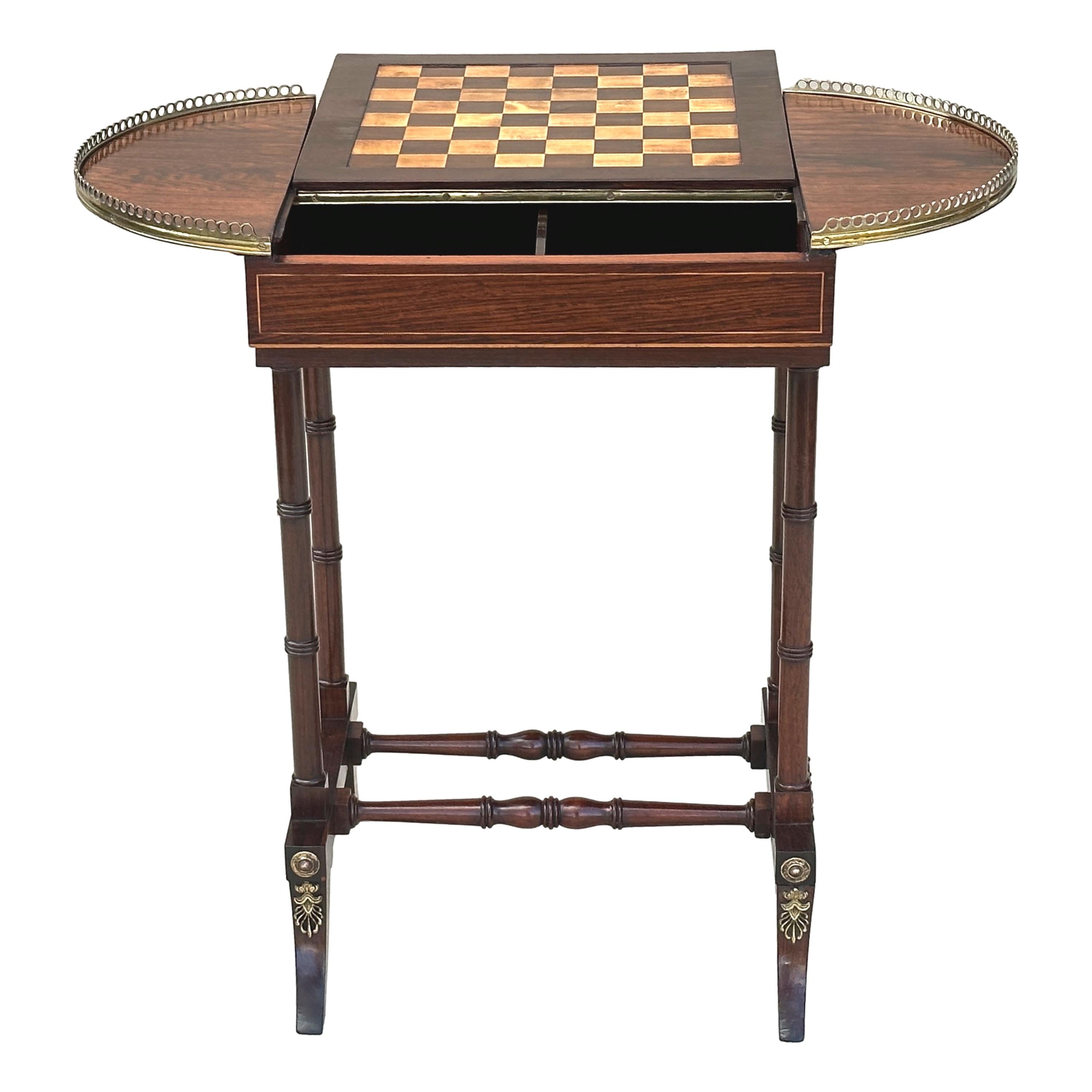 A Superb Quality Regency Period Rosewood And Brass games table, With Chess Board Inlaid, Reversible, Removable Top Enclosing Backgammon Board, Flanked By Curved Ends With Original Brass Gallery, Raised On Elegant Turned Double End Supports