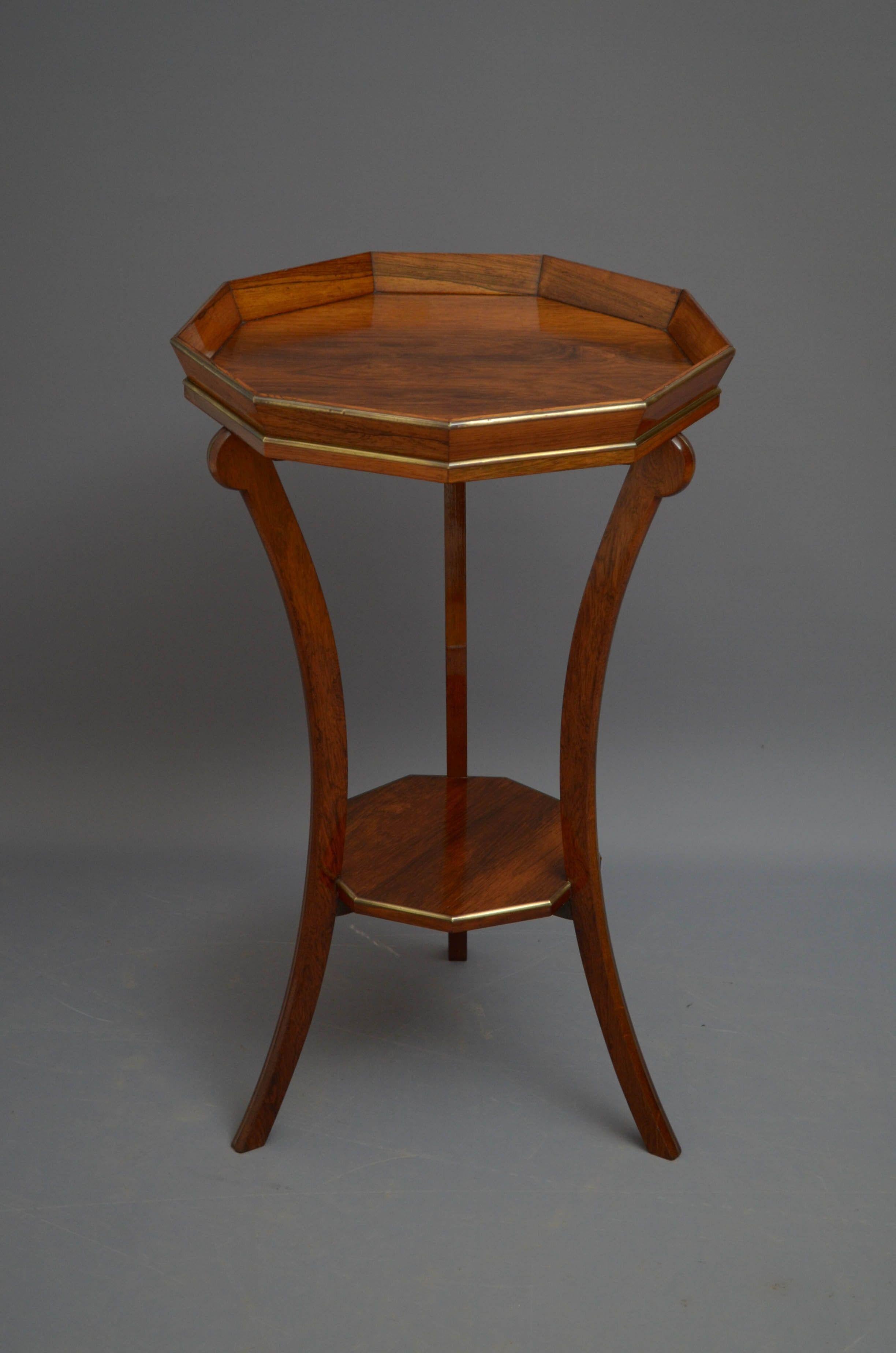 Sn5249 fine quality Regency plant stand or a lamp table with octagonal top with raised gallery on three shaped supports united by undertier, all decorated with brass inlay. This antique table retains its original finish which has been revived and