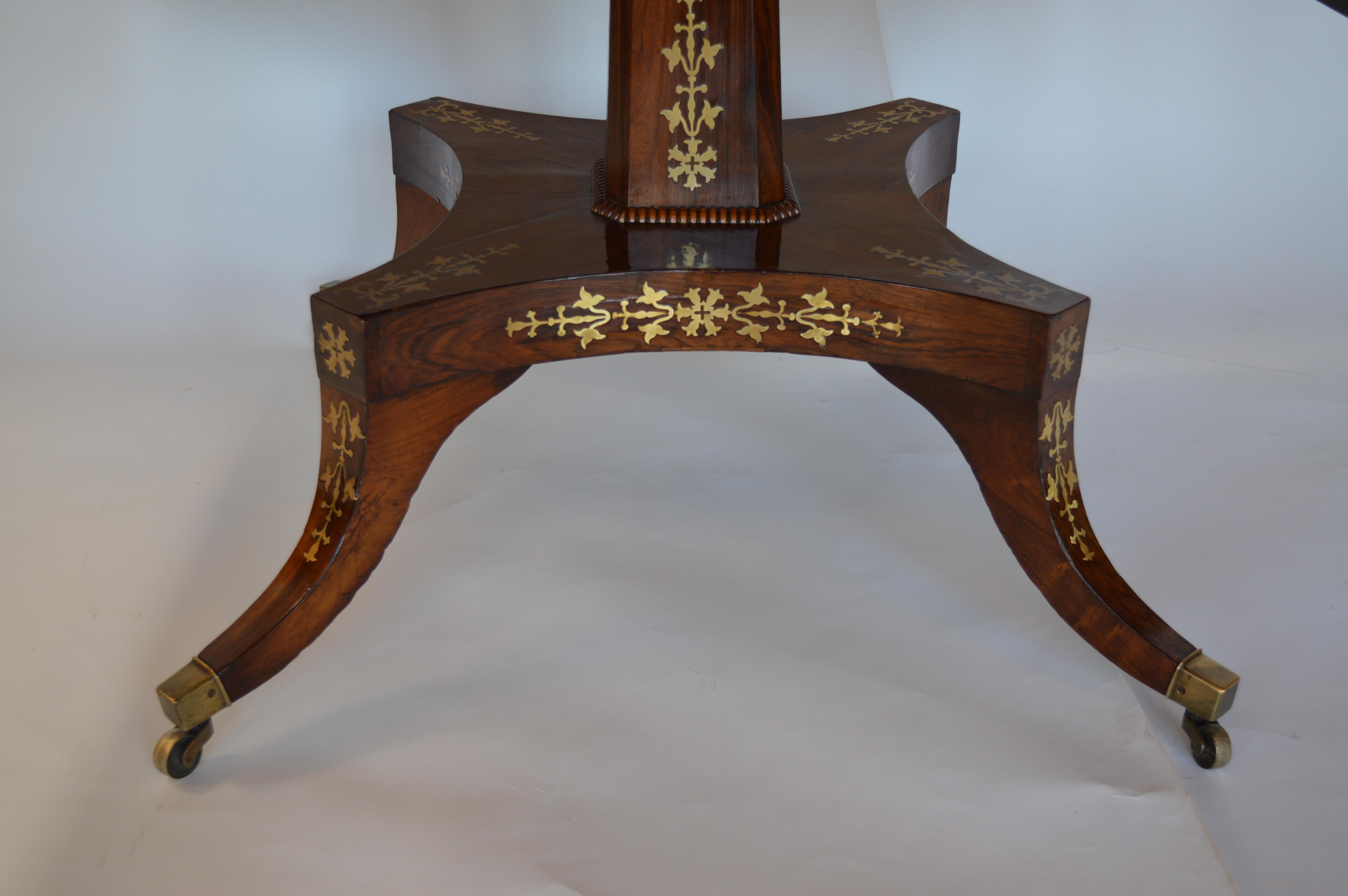 Regency Rosewood Pedestal Table with Brass Inlaid For Sale 6