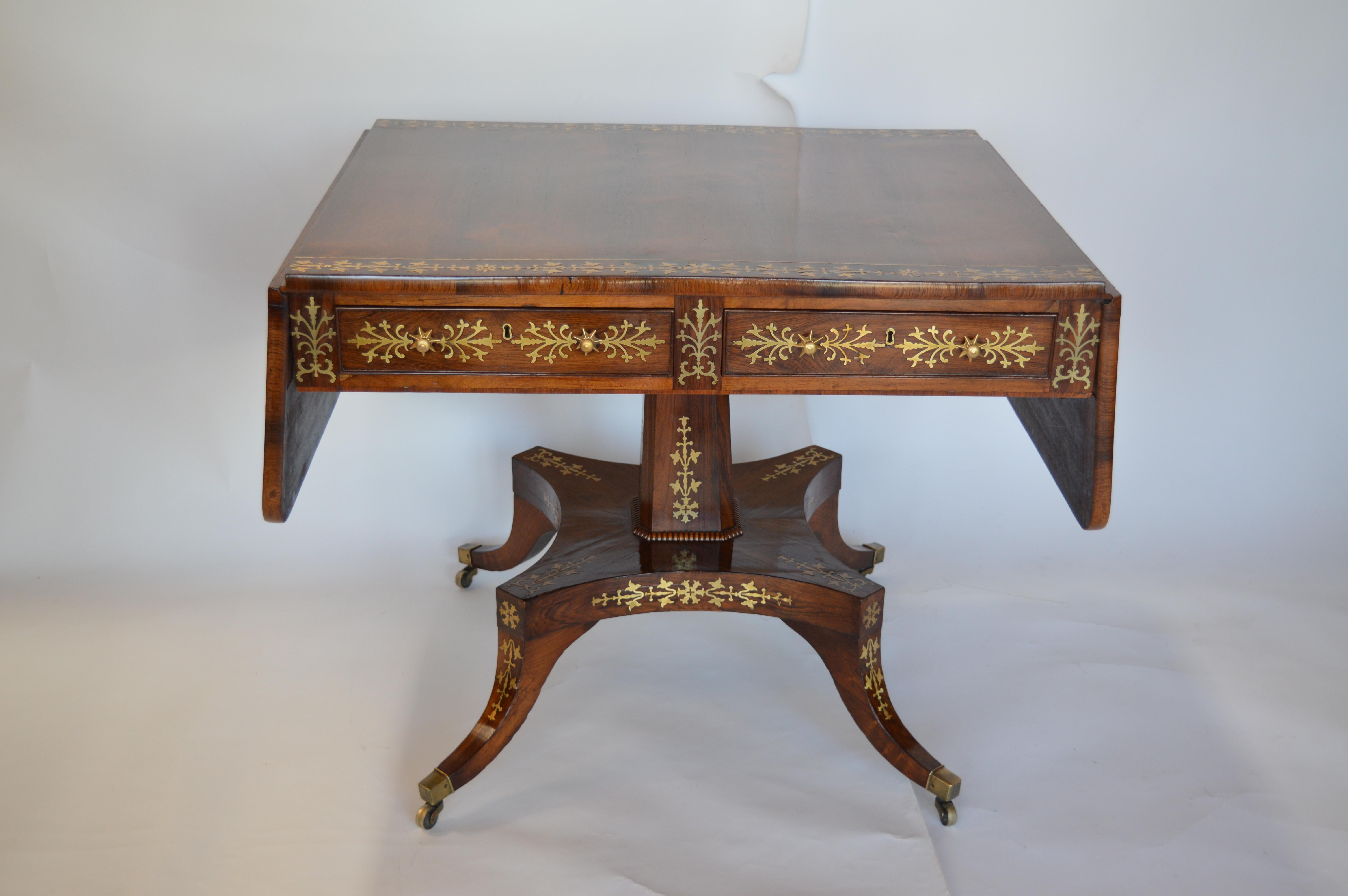 Regency Rosewood Pedestal Table with Brass Inlaid For Sale 3