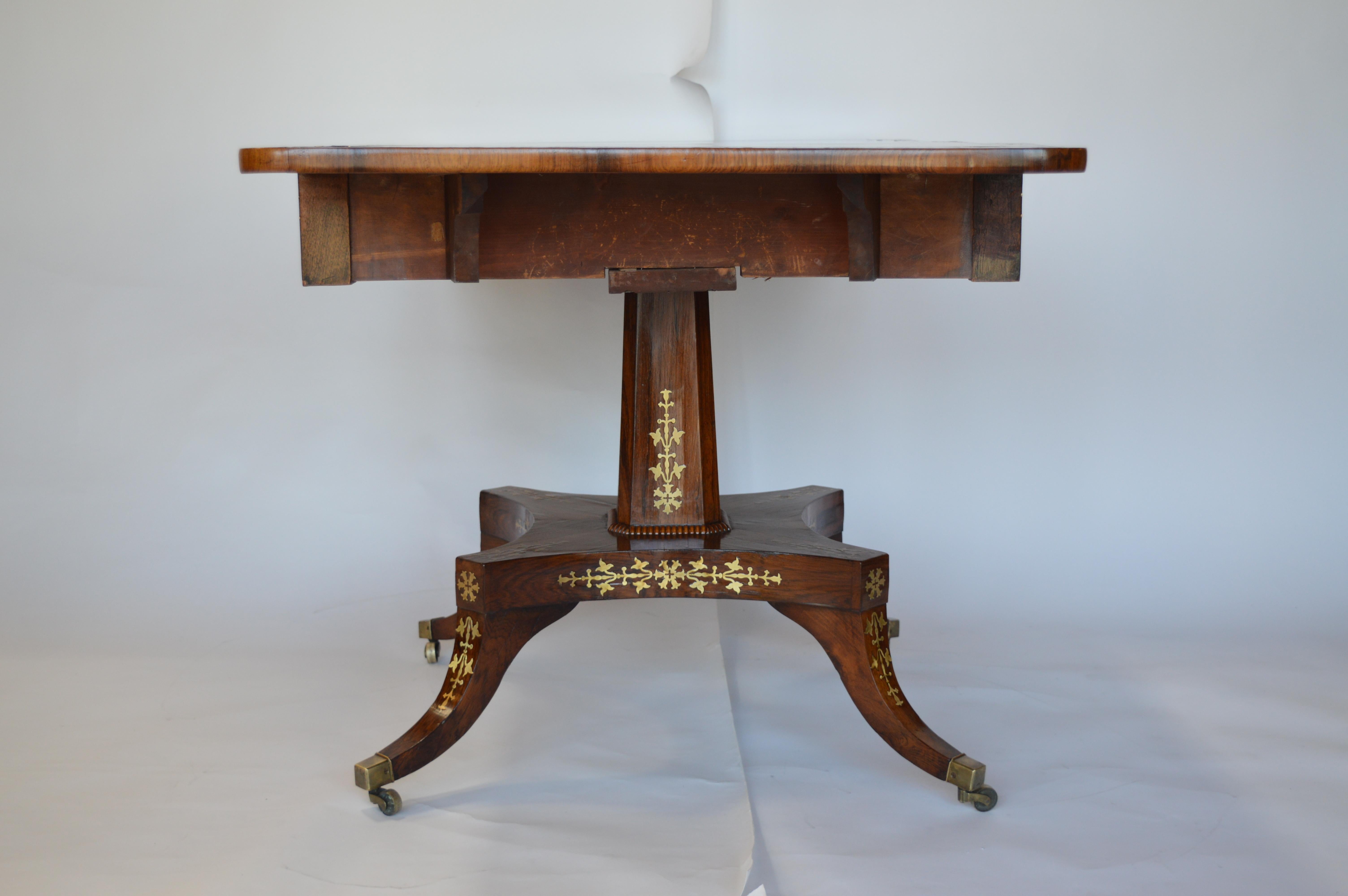 Regency Rosewood Pedestal Table with Brass Inlaid For Sale 4