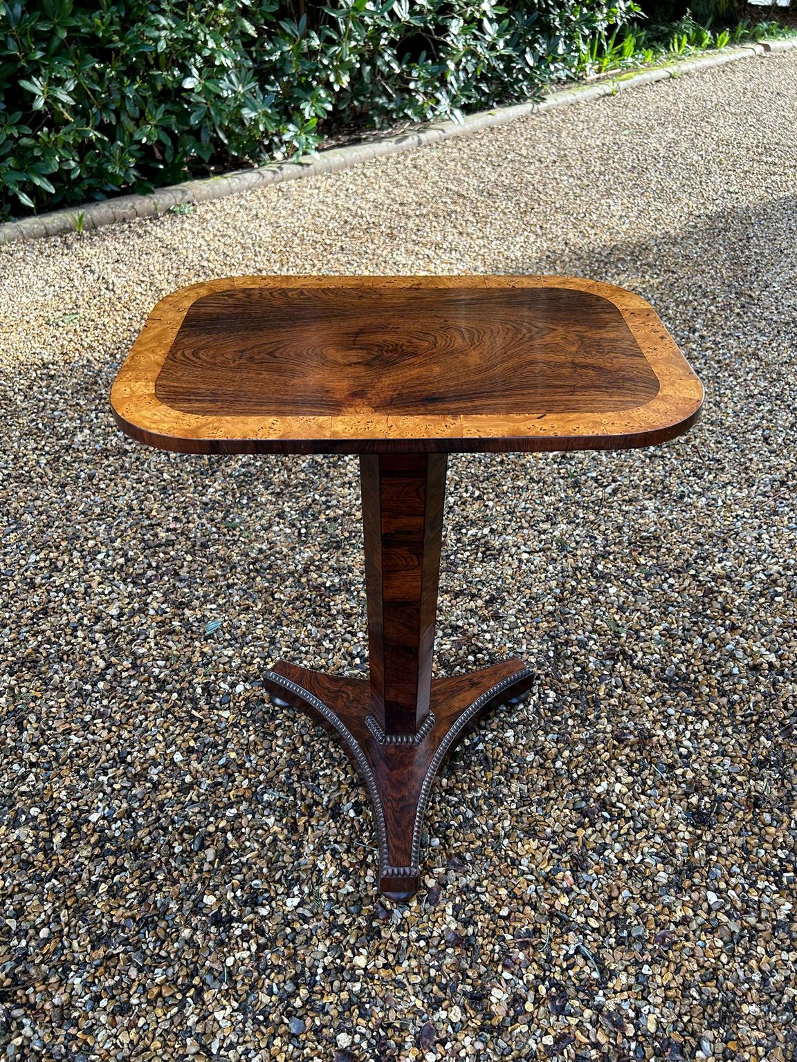 19th Century Regency Rosewood Rectangular Side Table, crossbanded in Pollard Oak, on a hexagonal rosewood column, triform platform and bun feet.

Circa: 1840

Dimensions:
Height:  28 inches – 71 cms
Width: 23 inches – 58 cms
Depth:  15.5 inches – 