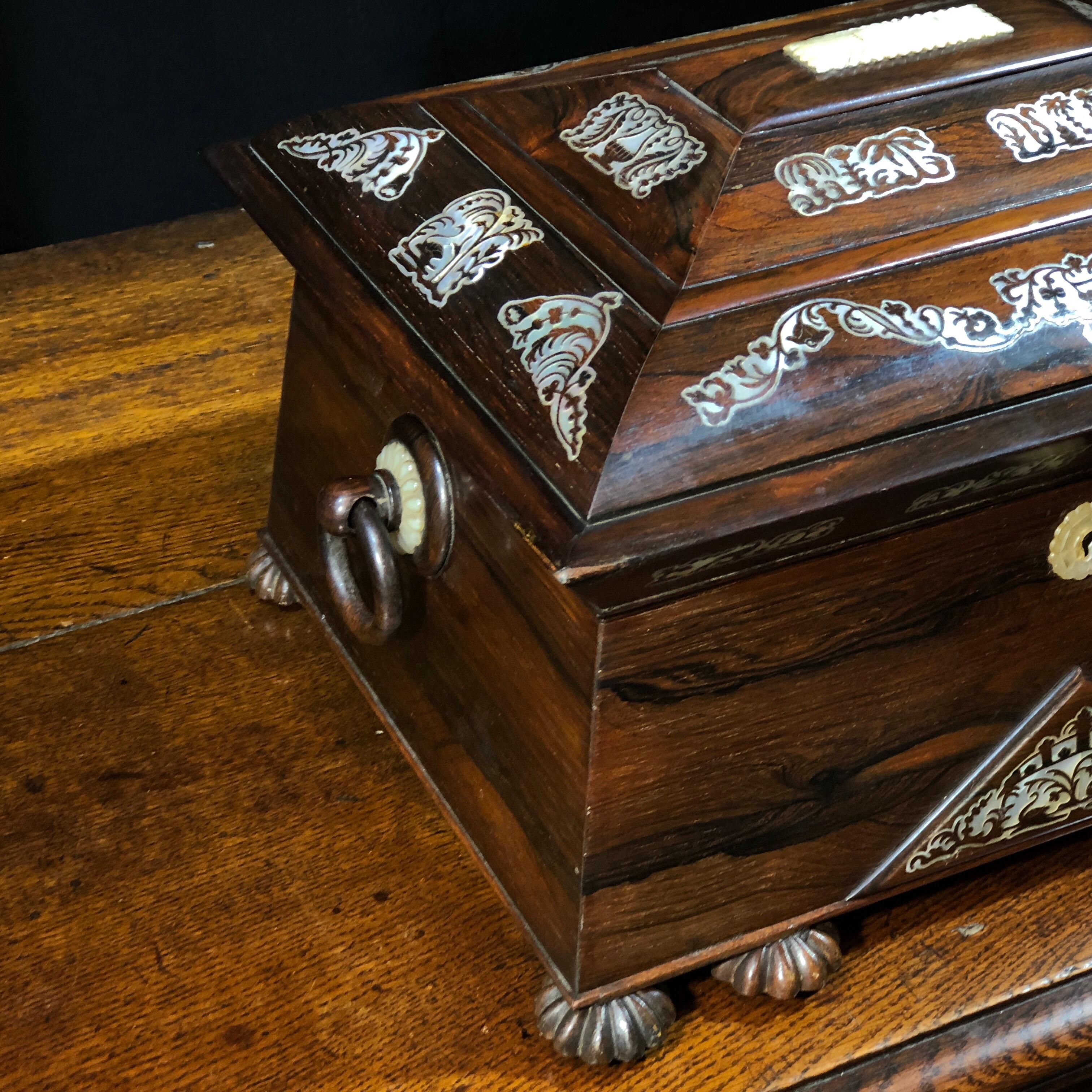European Regency Rosewood Sarcophagus Shape Sewing Box with Contents, Musical Works, 1825 For Sale
