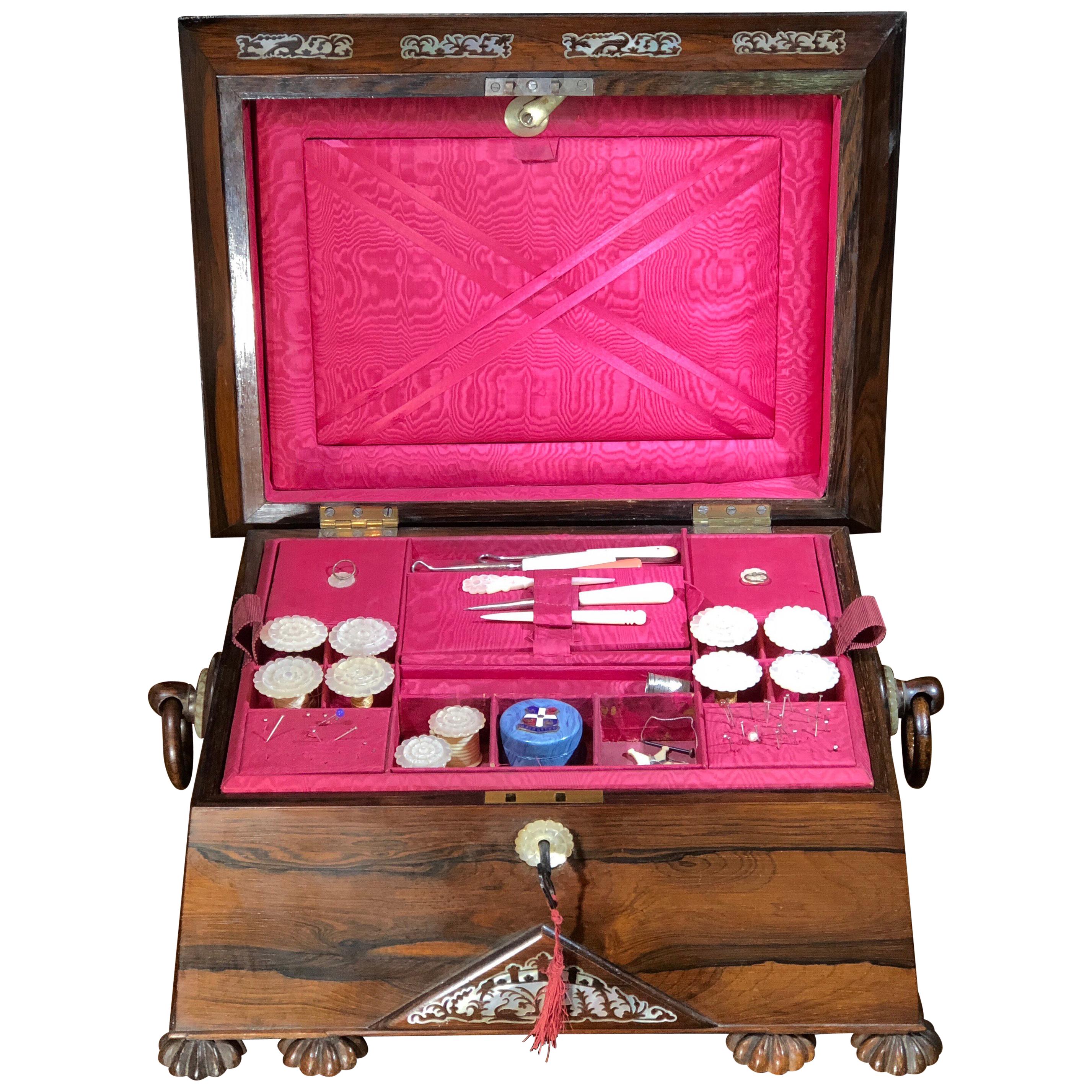 Regency Rosewood Sarcophagus Shape Sewing Box with Contents, Musical Works, 1825 For Sale