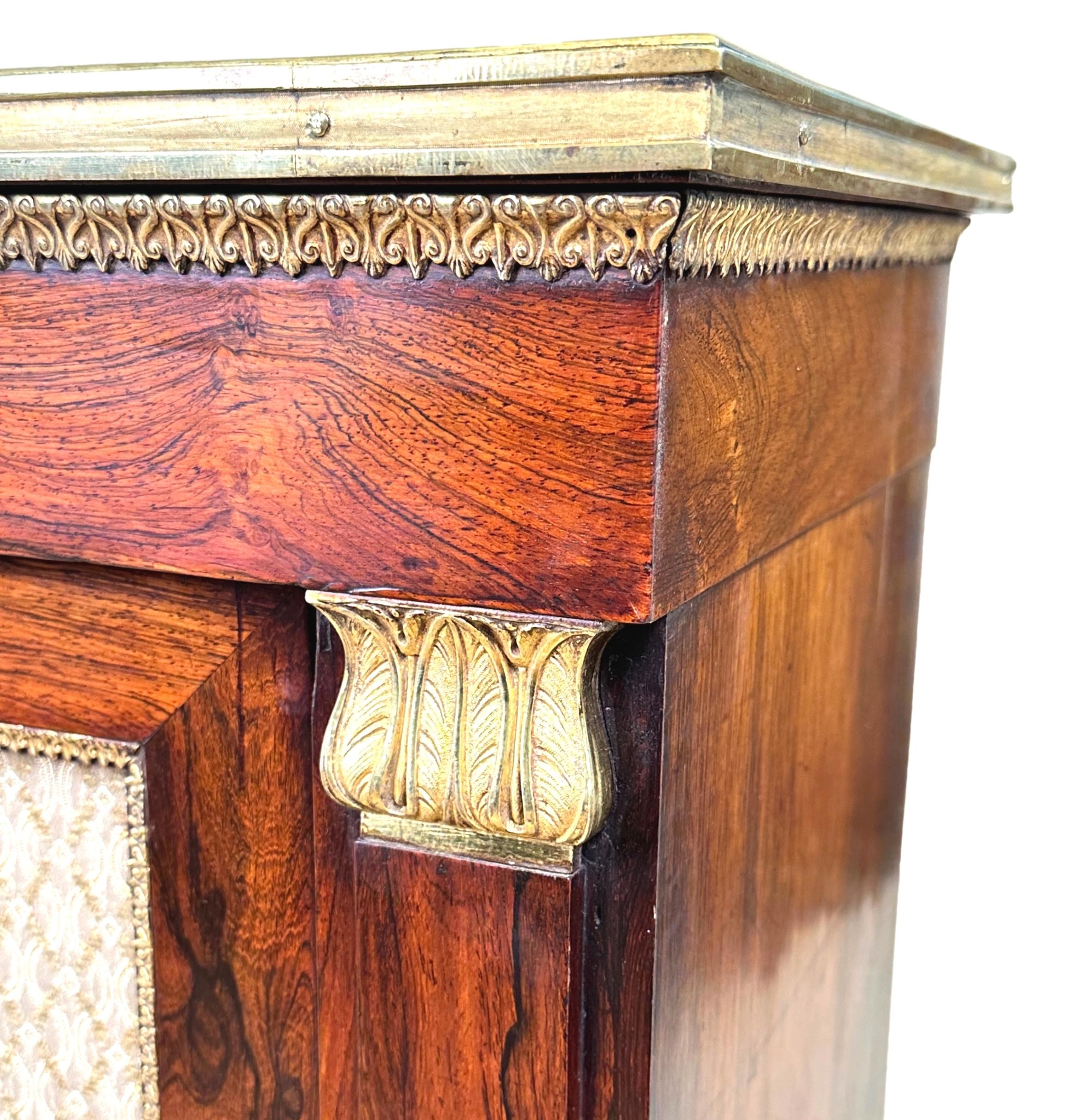 Un meuble d'appoint en bois de rose de la période Regency, 19e siècle, de très bonne qualité et de forme rectangulaire. Le plateau bien structuré est orné d'une moulure en laiton attrayante sur le bord, au-dessus de deux portes à panneaux rembourrés