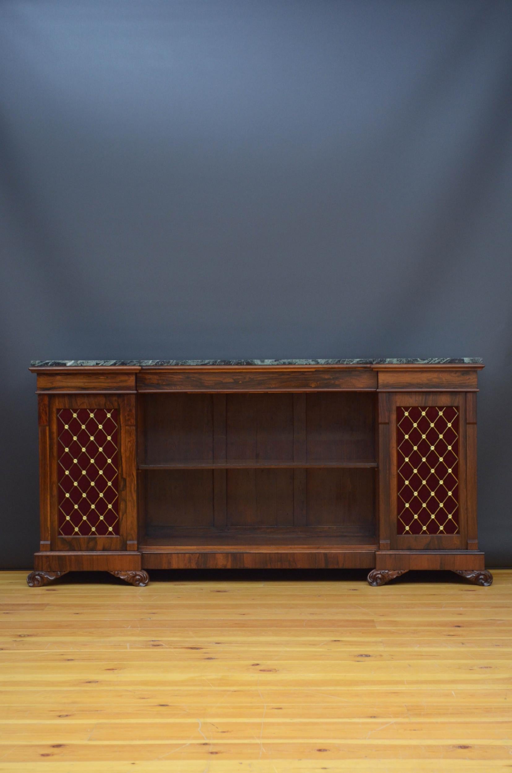 Sn5062 Superb Regency sideboard with outstanding original green marble top above a mahogany lined frieze drawer and open section with height adjustable shelf, flanked by two cabinet doors each fitted with decorative brass grill and maroon velvet