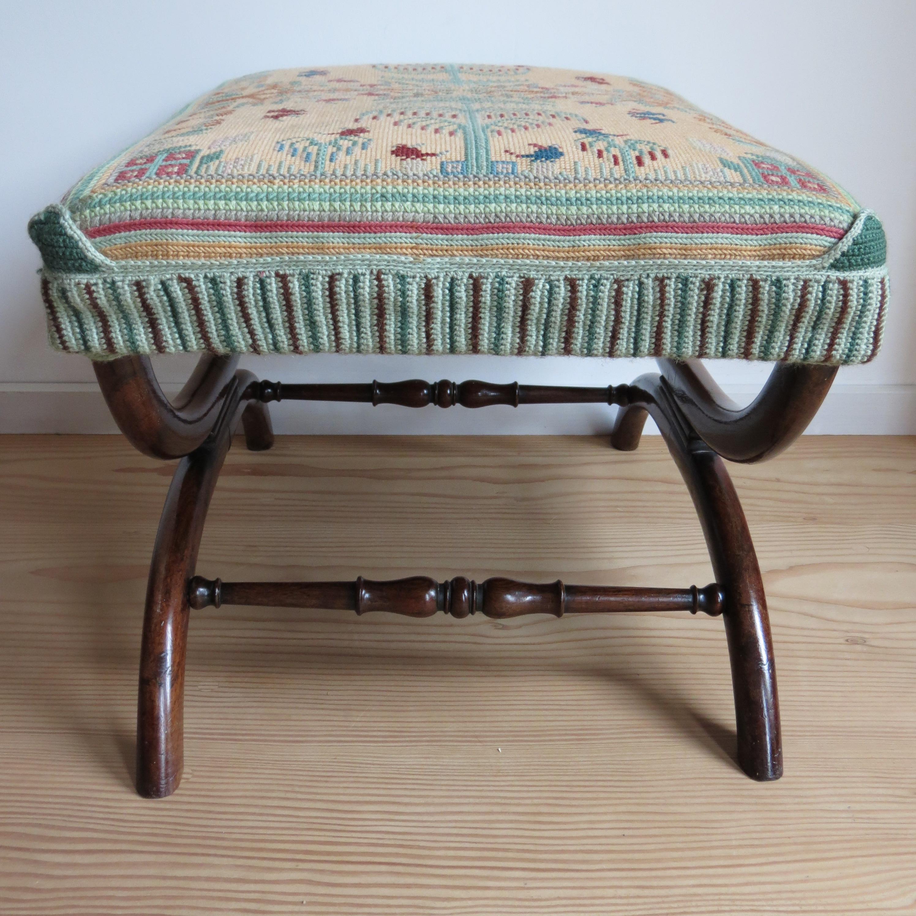 Regency Rosewood X Frame Stool with Tapestry 1830s 4