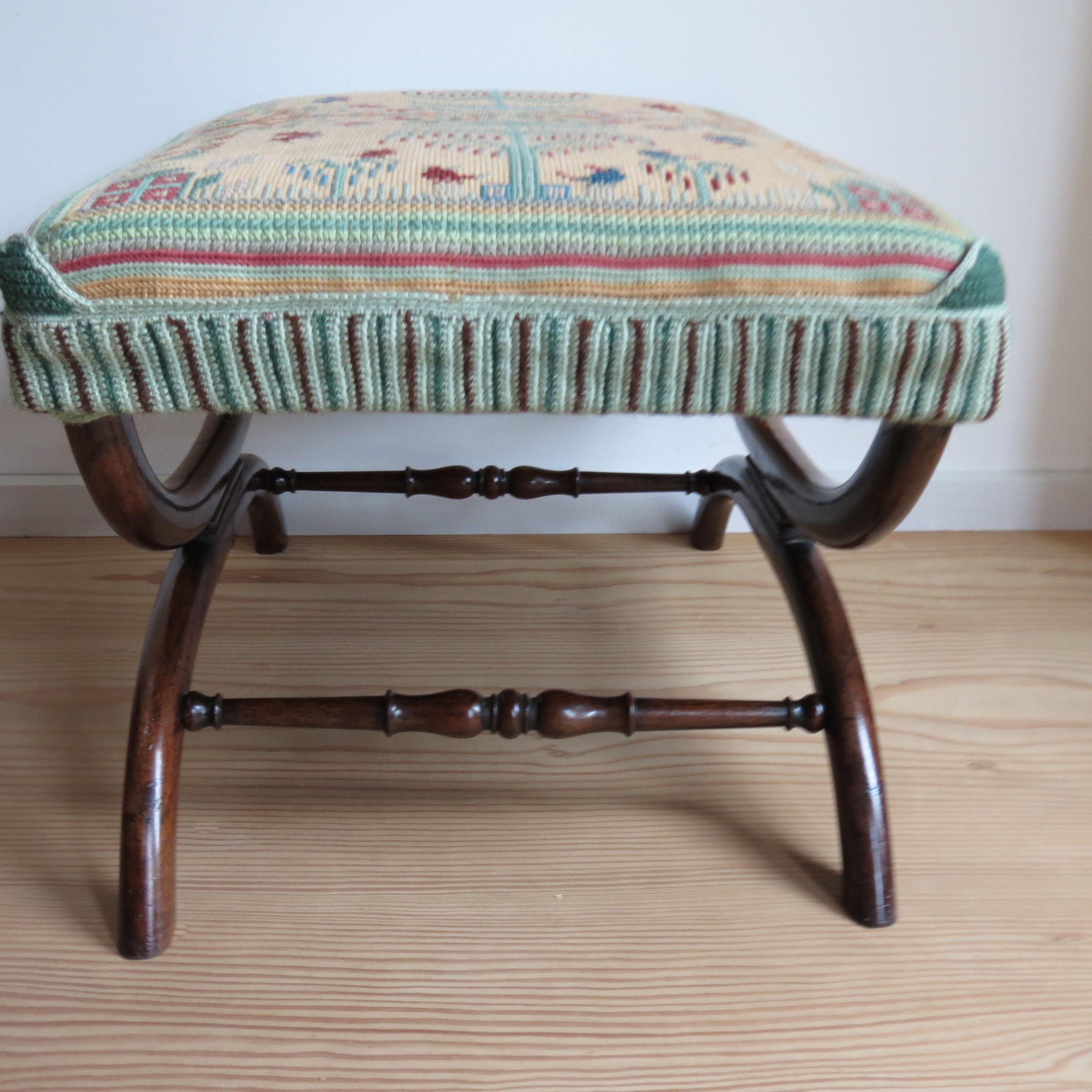 Regency Rosewood X Frame Stool with Tapestry 1830s 5