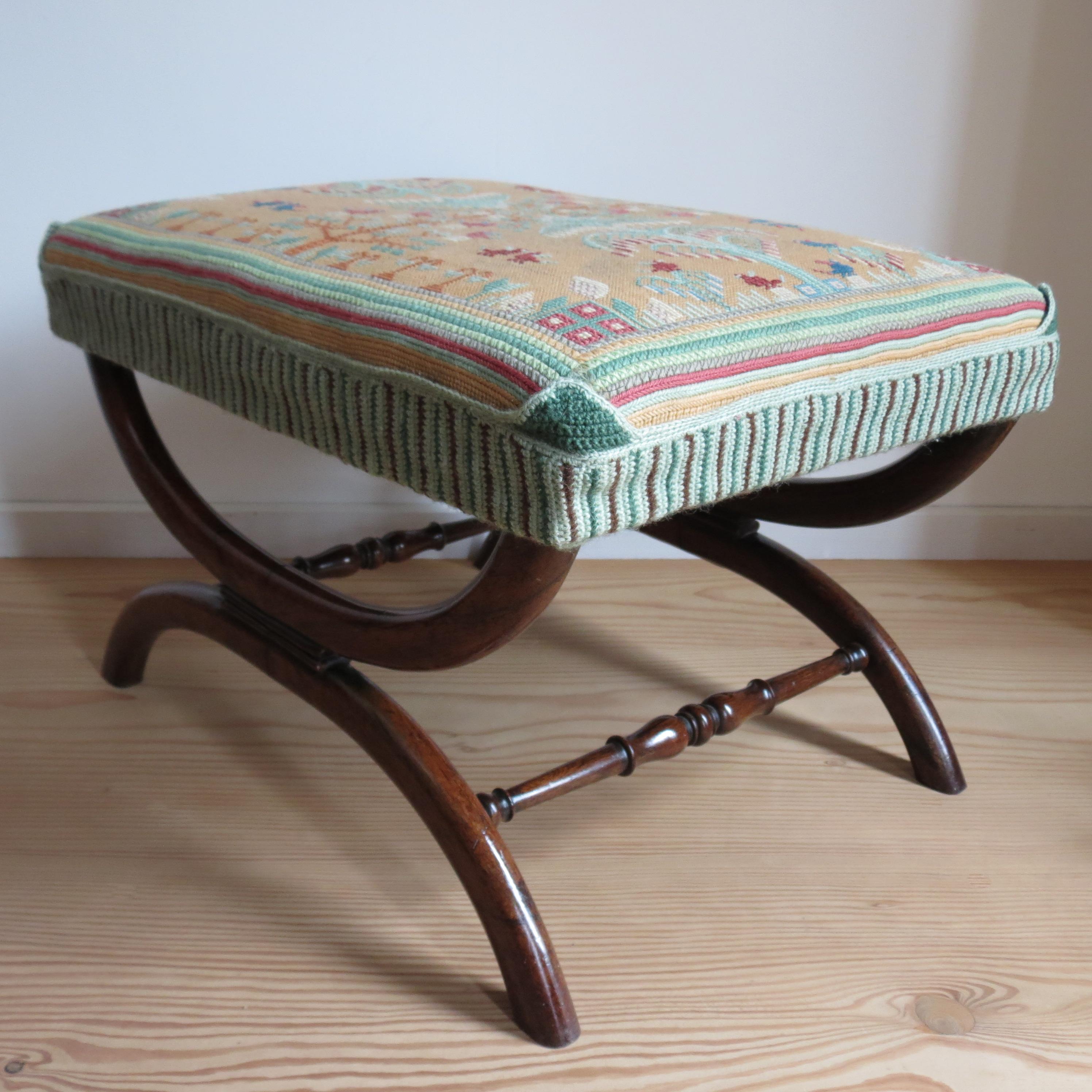 Regency Rosewood X Frame Stool with Tapestry 1830s 9