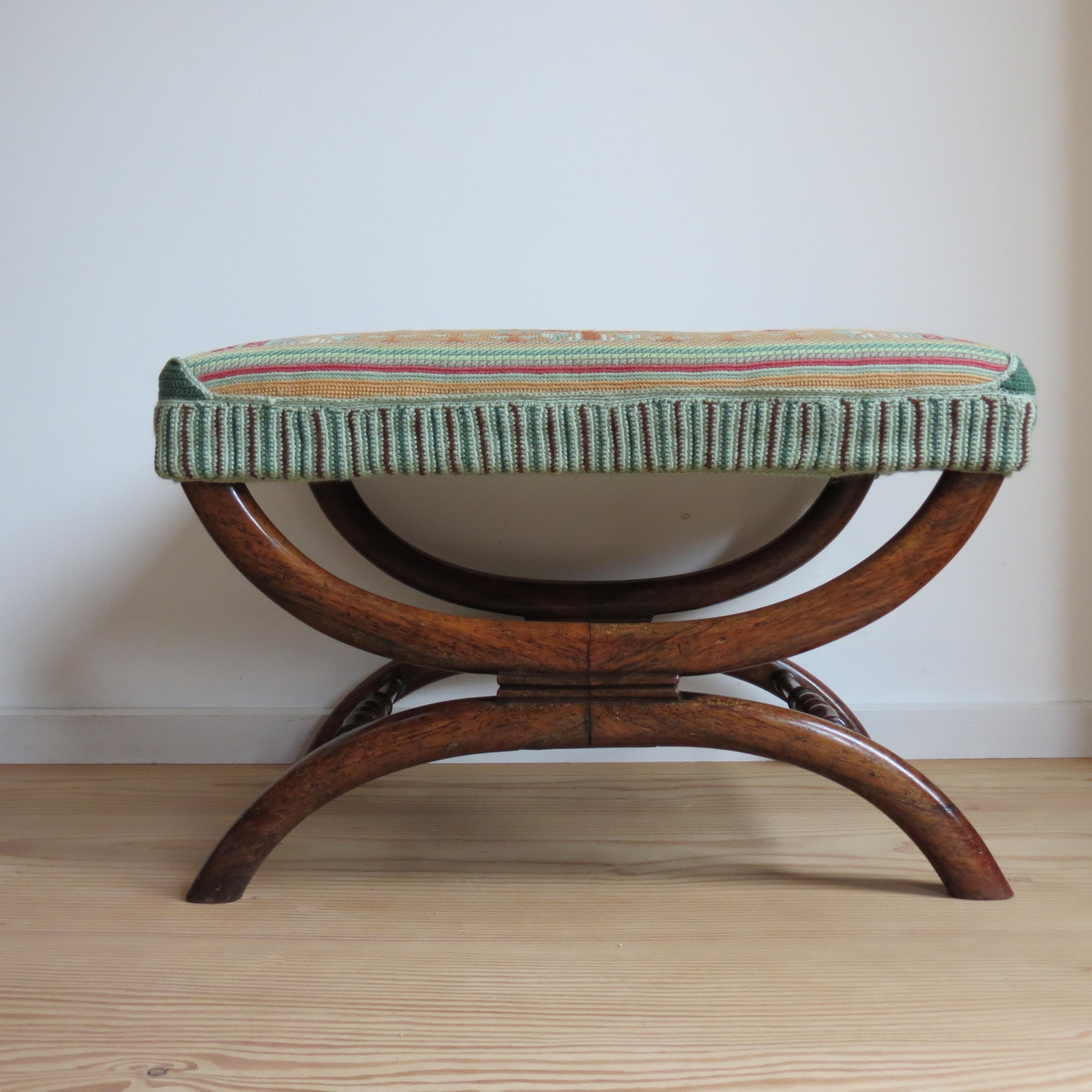19th Century Regency Rosewood X Frame Stool with Tapestry 1830s