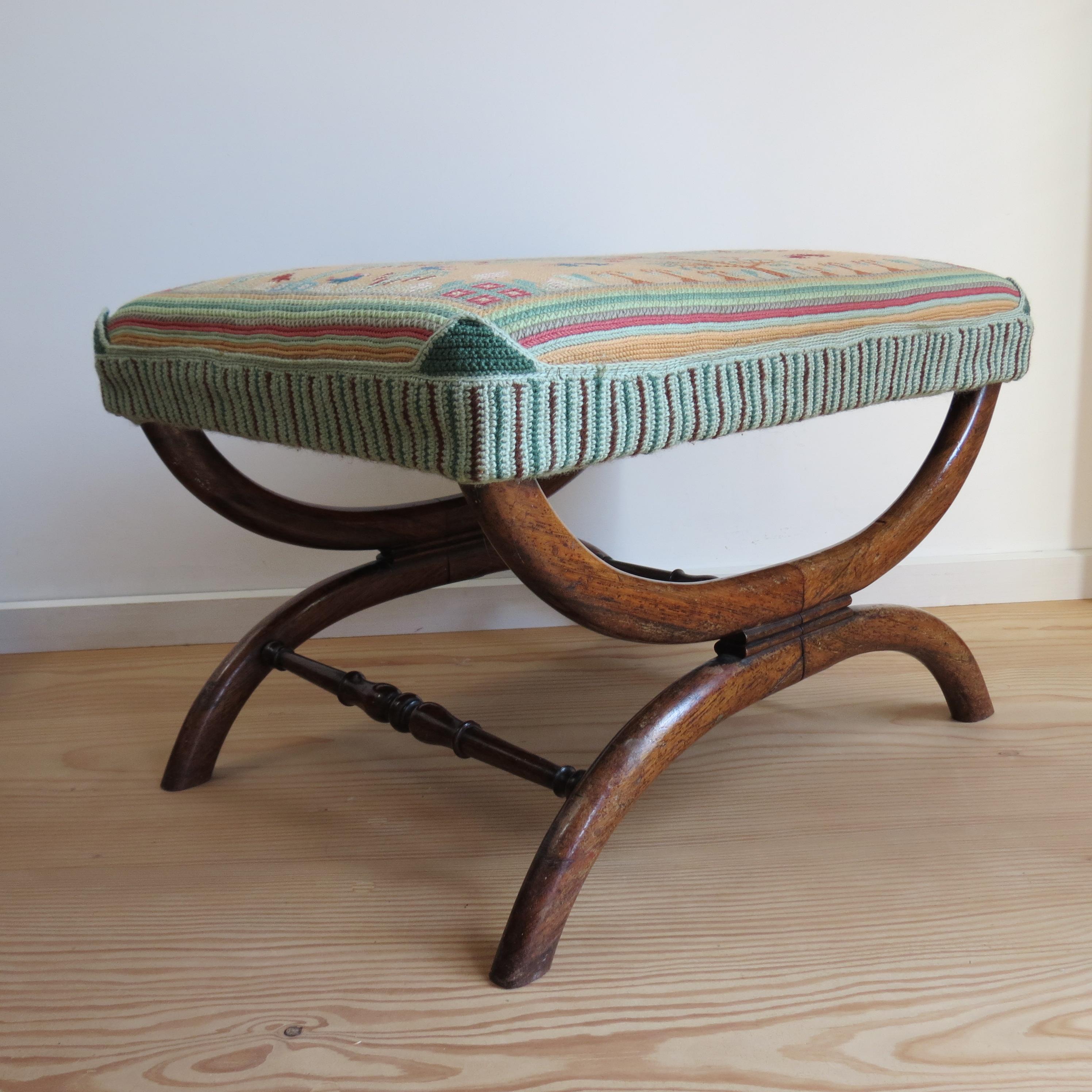 English Regency Rosewood X Frame Stool with Tapestry 1830s
