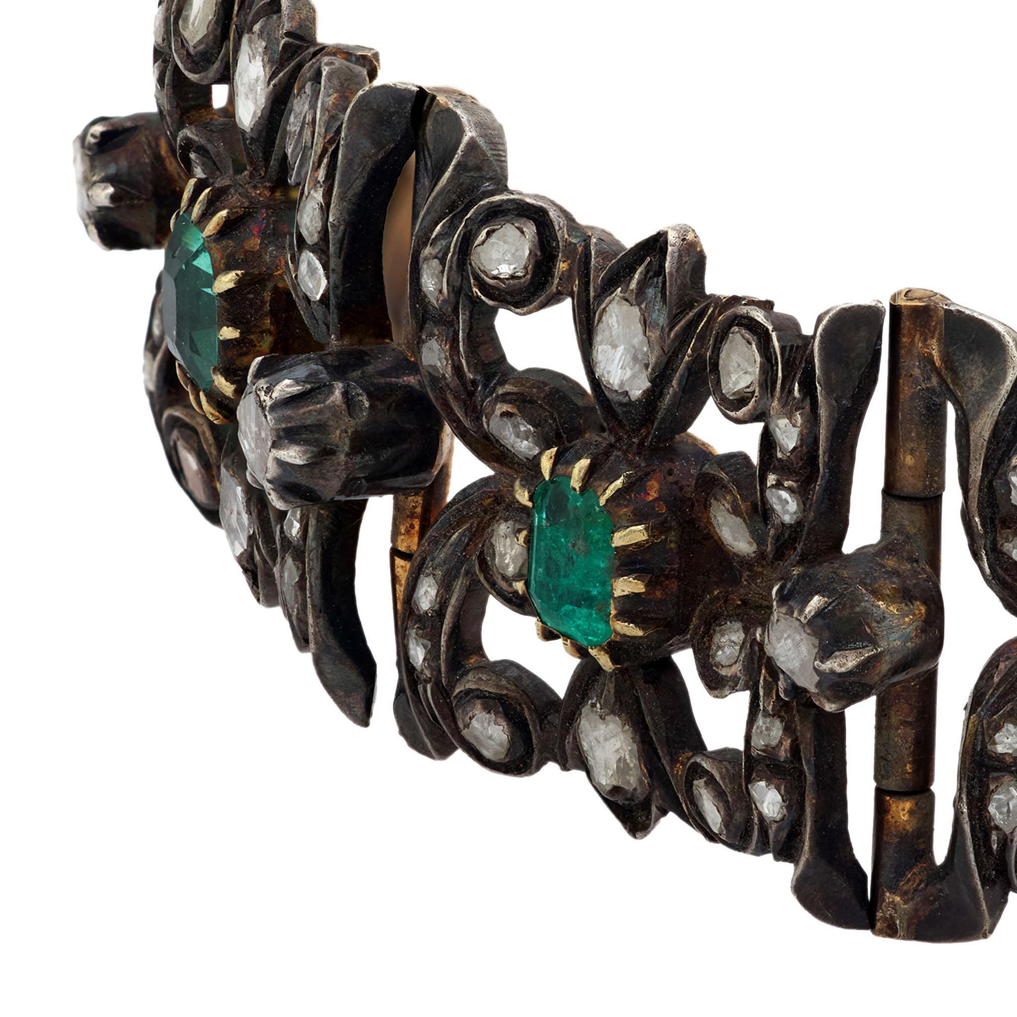 Georgian Regency Russian 14k Gold/Sterling Silver Emerald & Diamond Line Bracelet For Sale