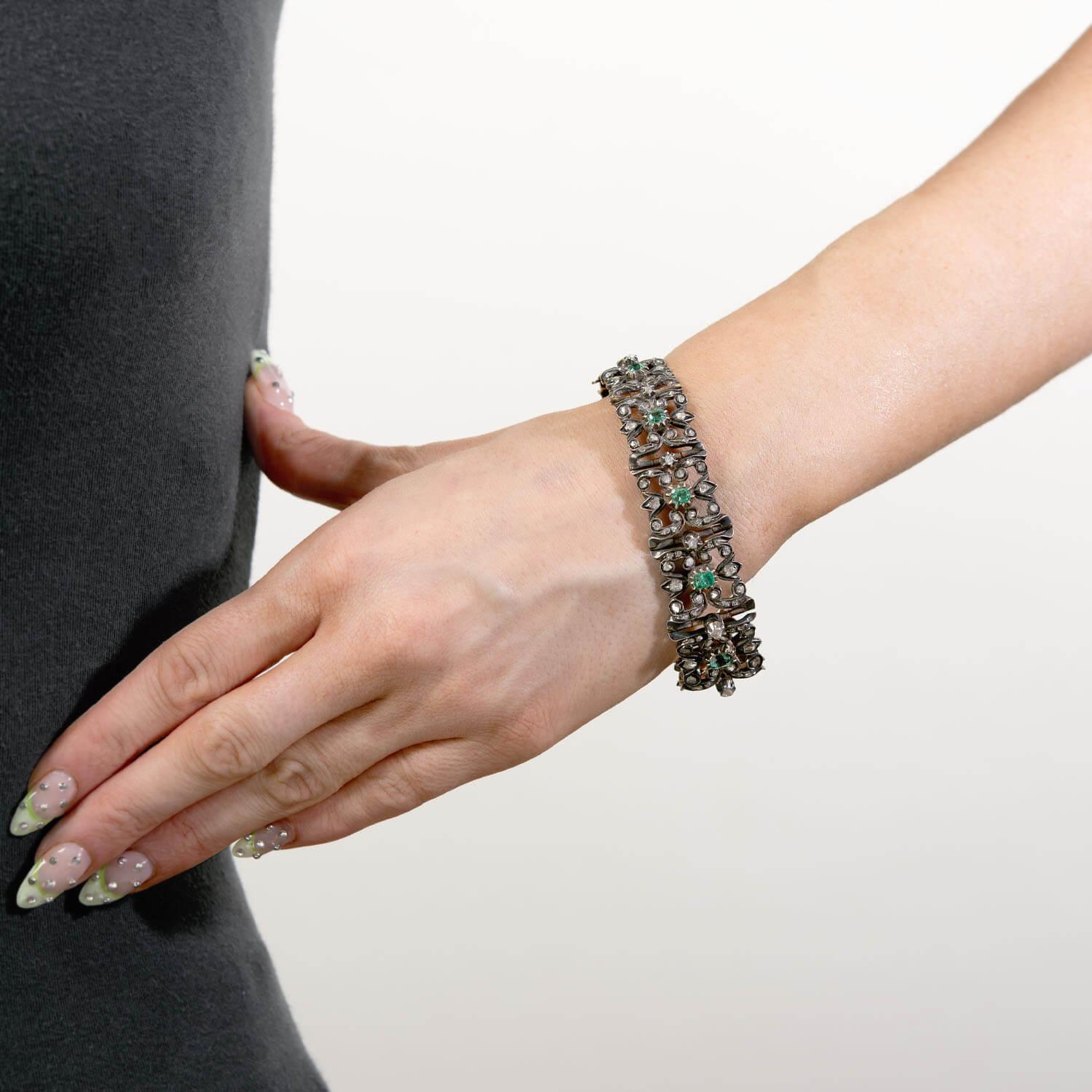 Rose Cut Regency Russian 14k Gold/Sterling Silver Emerald & Diamond Line Bracelet For Sale