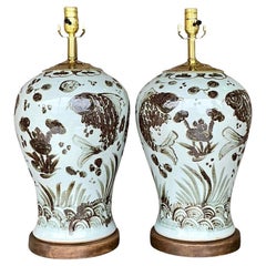 Regency Rusty Brown Glazed Ceramic Lamps - a Pair