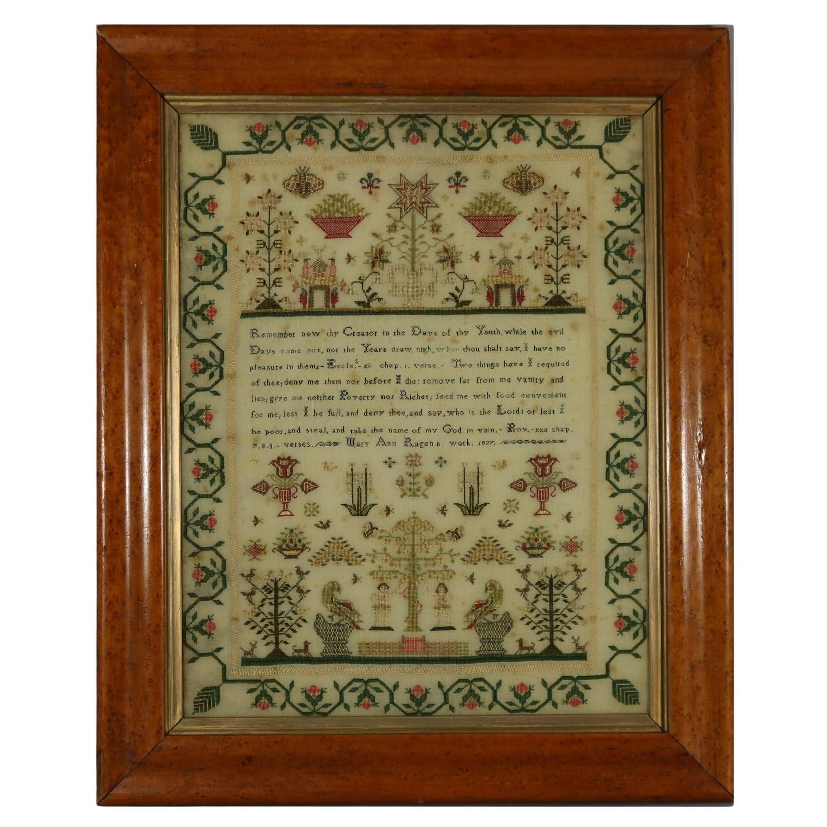 Regency Sampler, 1827, by Mary Ann Ragen For Sale