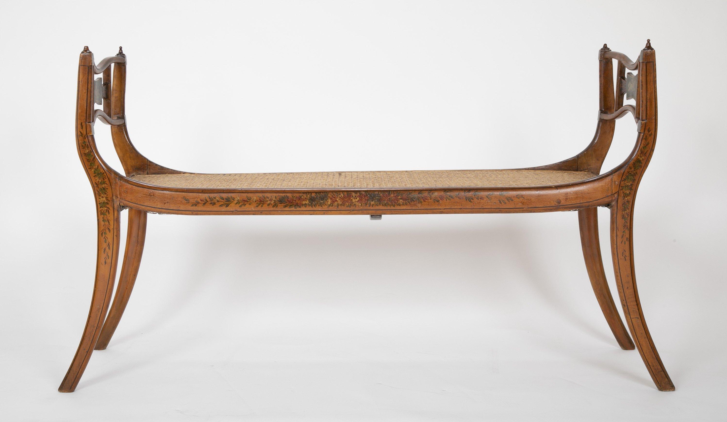 European Regency Satinwood Floral Decorated Caned Seat Bench