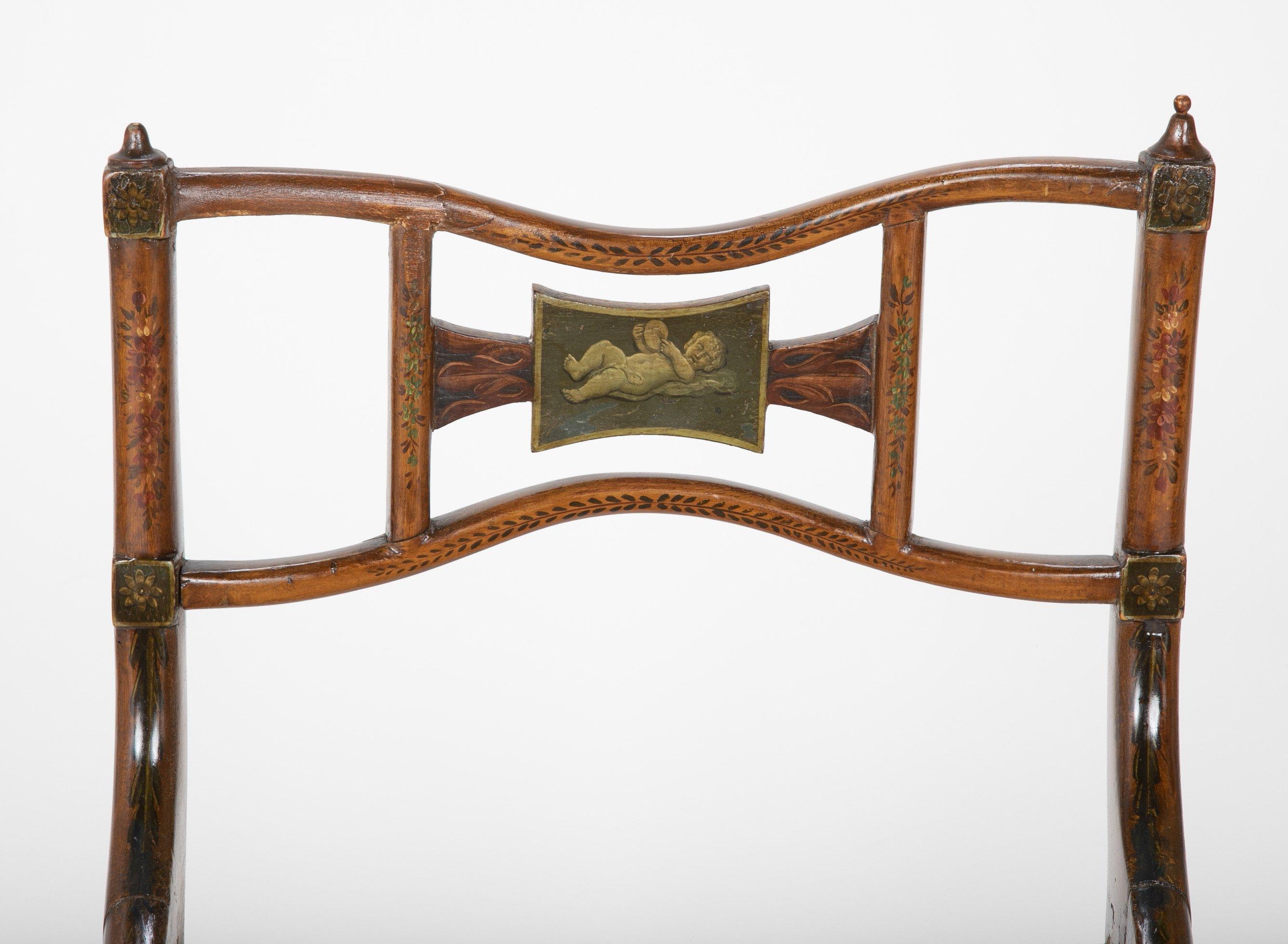 Regency Satinwood Floral Decorated Caned Seat Bench In Good Condition In Westwood, NJ