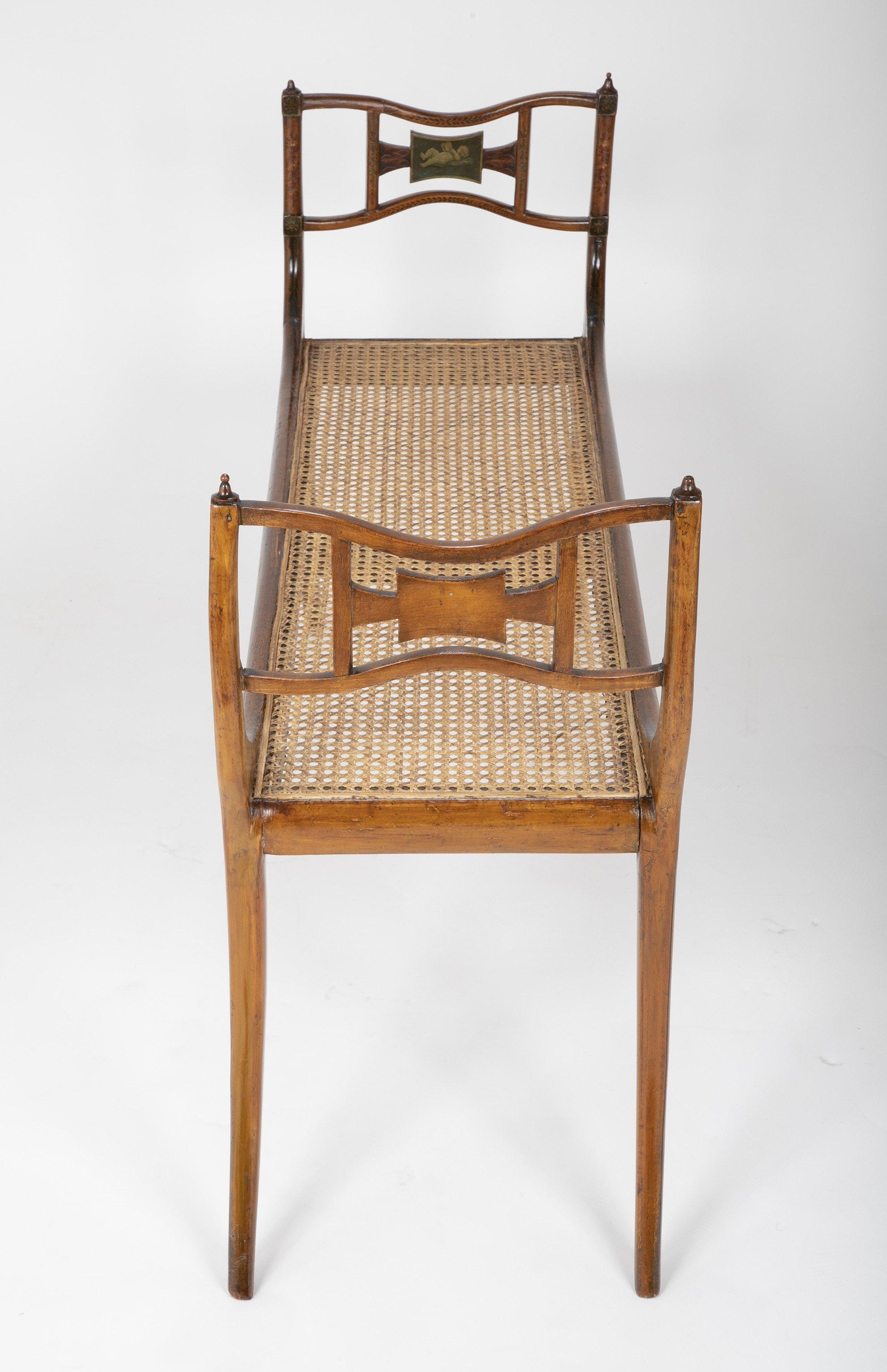 Early 19th Century Regency Satinwood Floral Decorated Caned Seat Bench