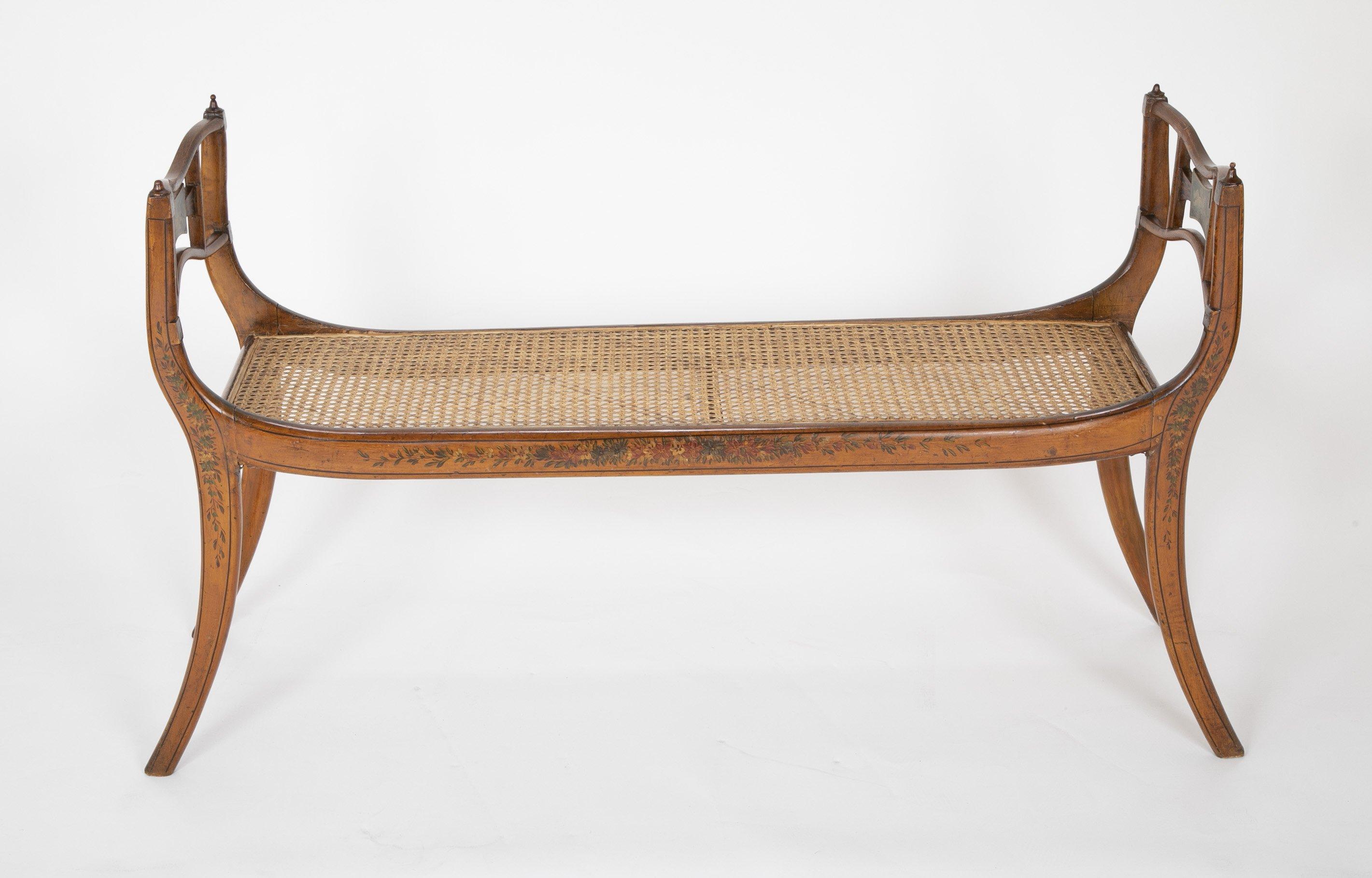 Regency Satinwood Floral Decorated Caned Seat Bench 1