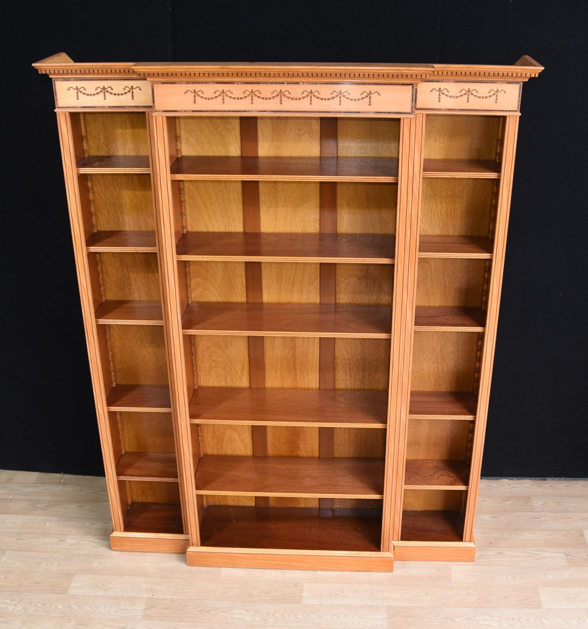 Late 20th Century Regency Satinwood Open Bookcase Sheraton Inlay Breakfront Bookcases For Sale
