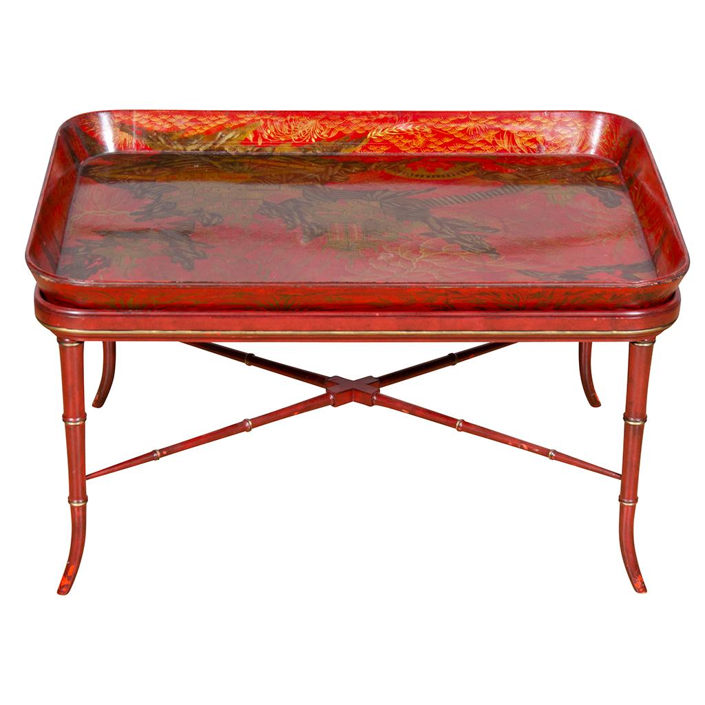 English Regency Scarlet and Gilt Japanned Papier Mache Tray by Henry Clay For Sale