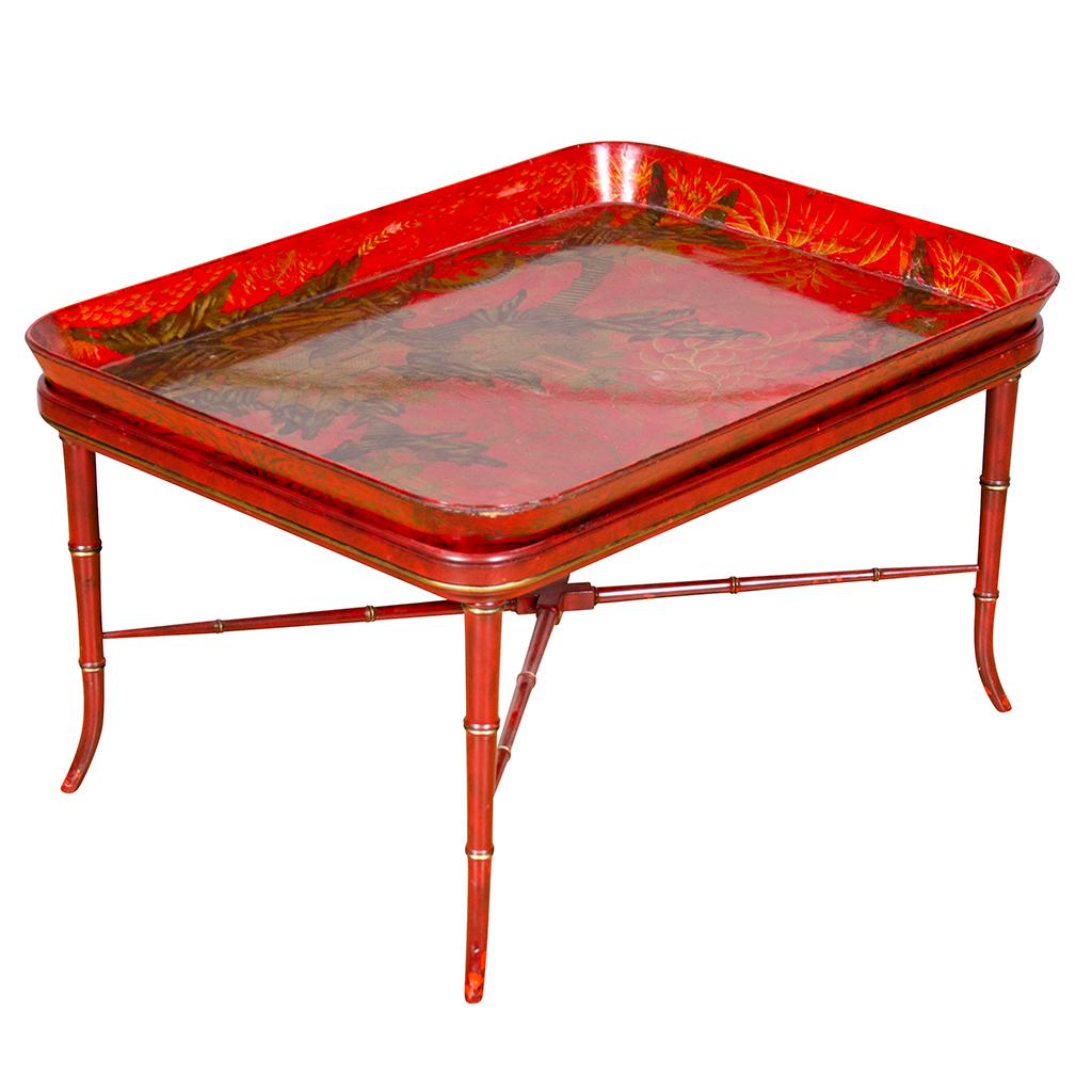 Regency Scarlet and Gilt Japanned Papier Mache Tray by Henry Clay In Good Condition For Sale In Essex, MA