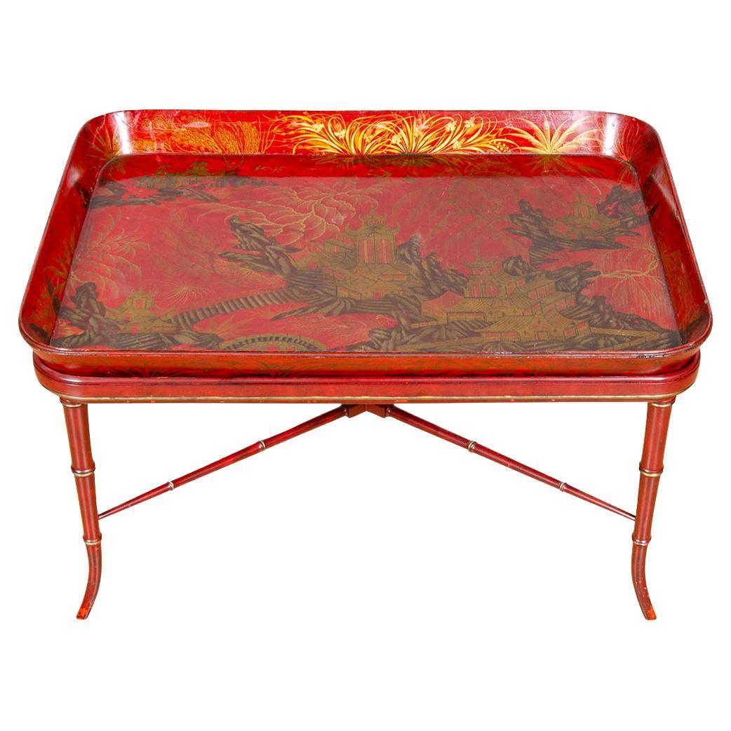 Regency Scarlet and Gilt Japanned Papier Mache Tray by Henry Clay For Sale