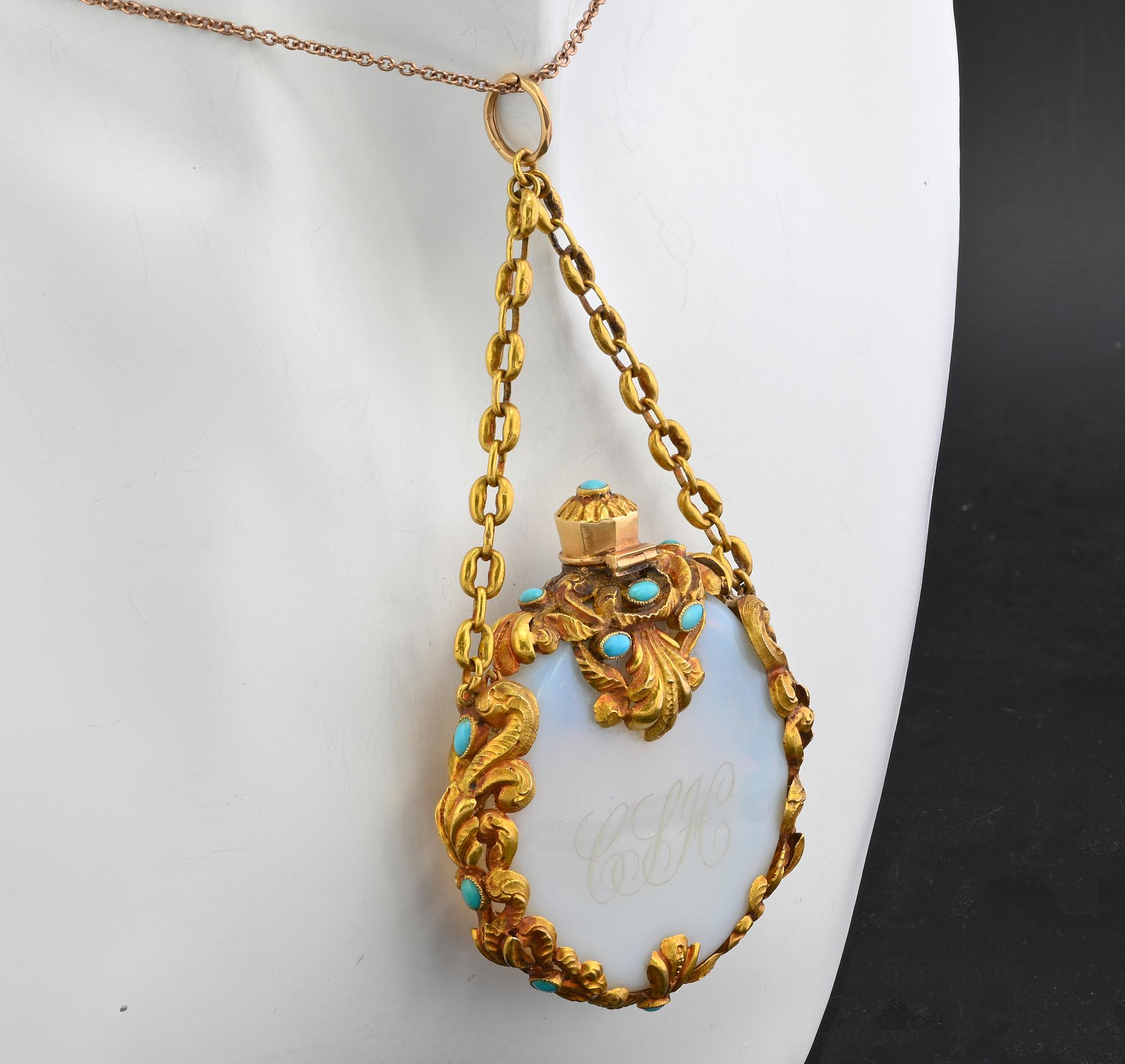 Cabochon Regency Scent Bottle Azure Opaline Turquoise 15 Ct Gold Pendant For Sale