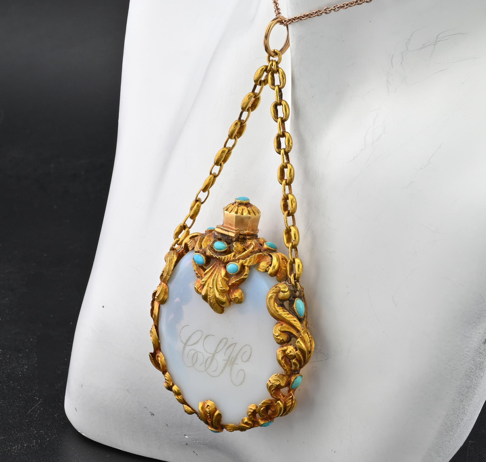 Women's or Men's Regency Scent Bottle Azure Opaline Turquoise 15 Ct Gold Pendant For Sale