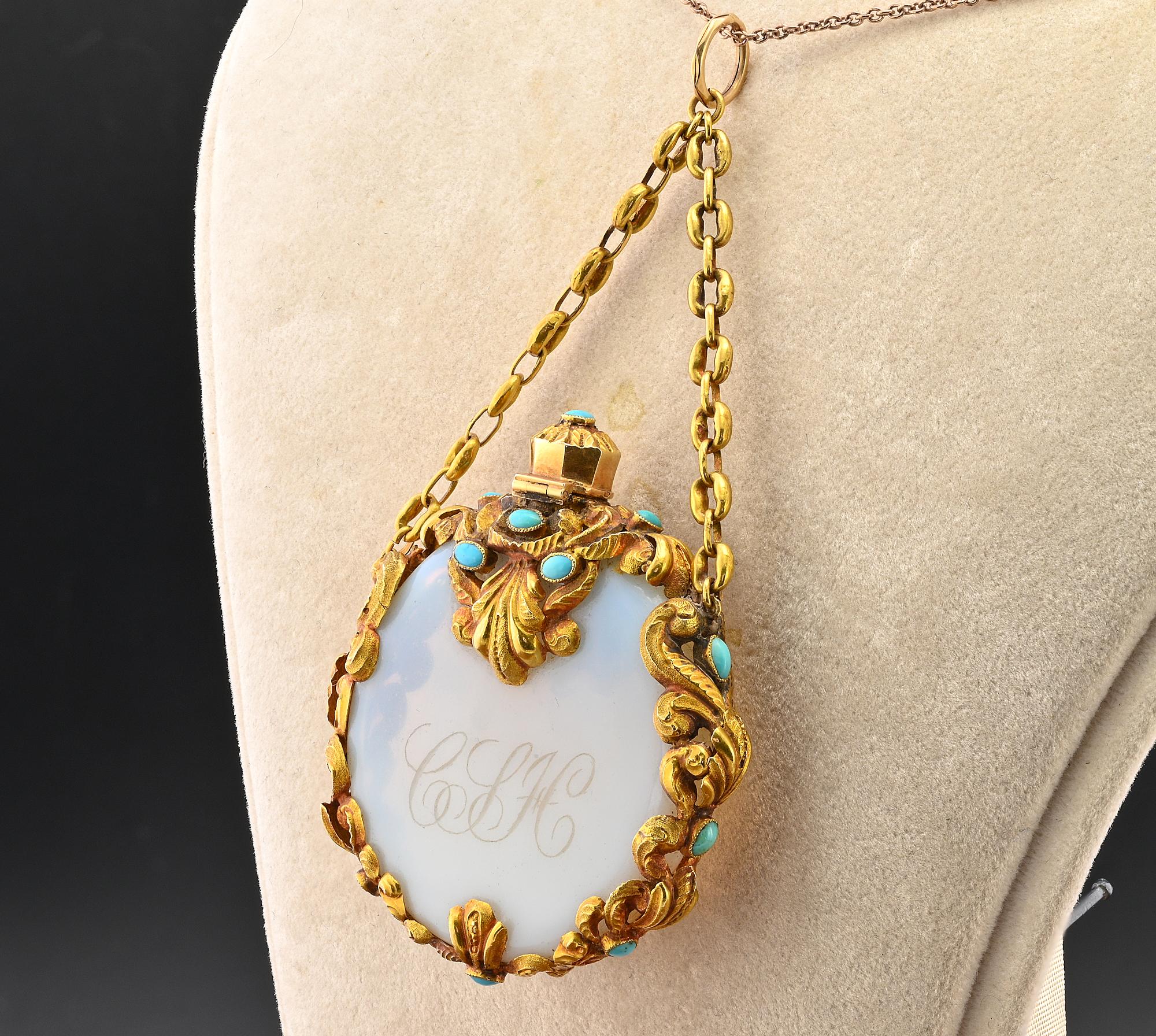 Regency Scent Bottle Azure Opaline Turquoise 15 Ct Gold Pendant For Sale 1